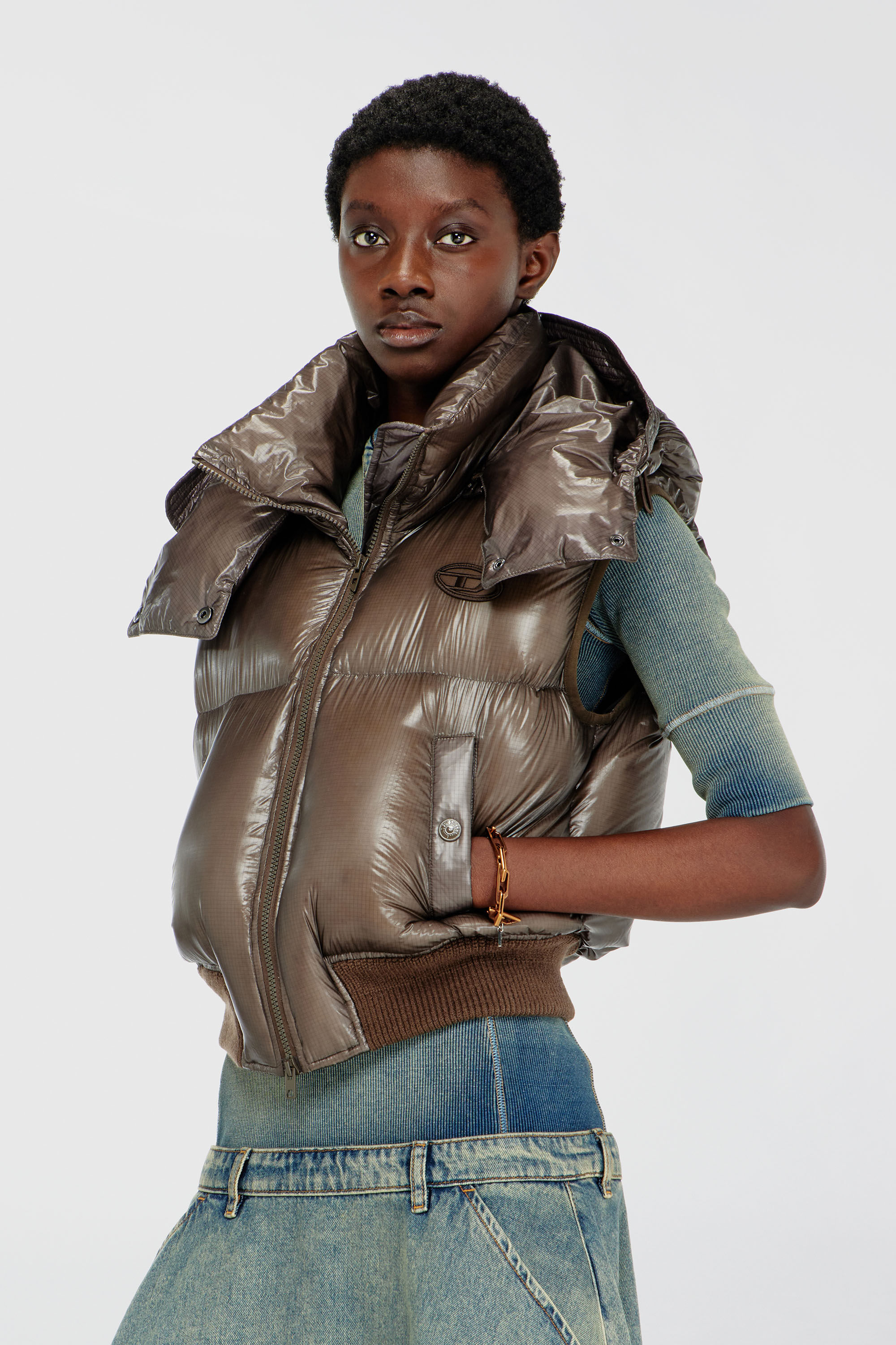 Women's Down vest in ripstop with detachable hood | Brown | Diesel
