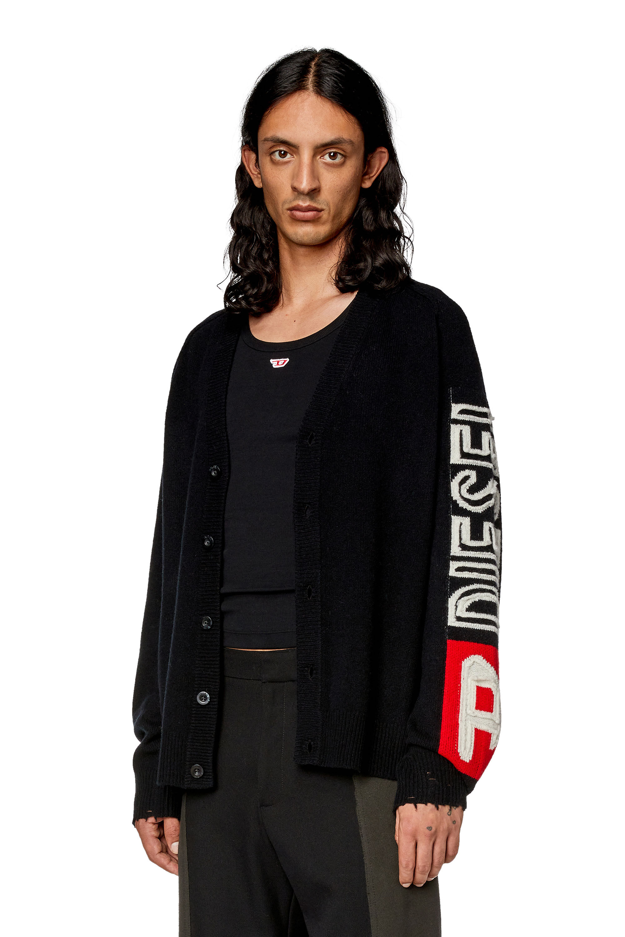 Diesel - K-SARRI, Male's Wool cardigan with cut-up logo in Black - 3