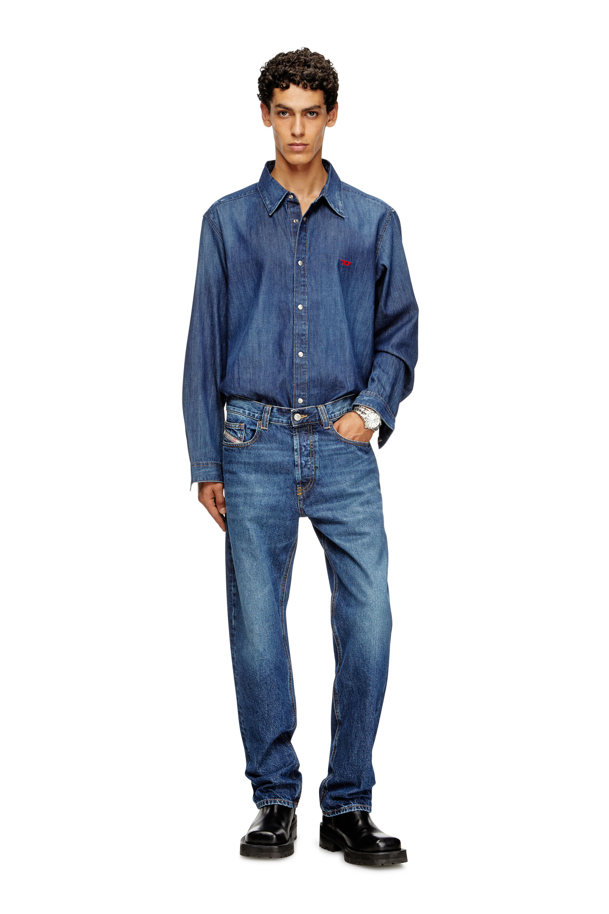Diesel - D-SIMPLY, Male's Denim shirt with embroidered logo in Medium Blue - 1