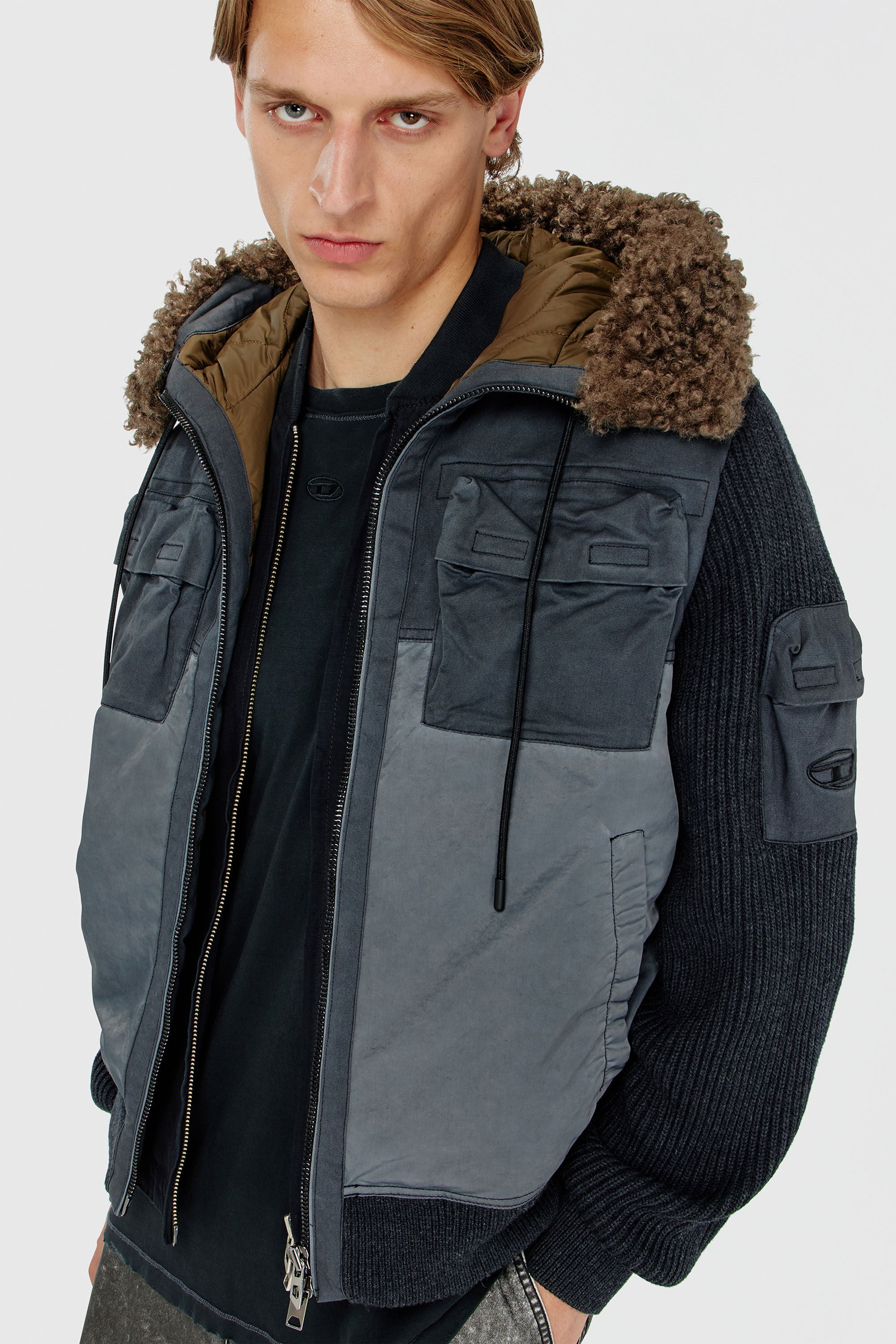 Diesel - W-DELLS, Male's Hooded padded jacket with knitted sleeves in Dark Blue - 4