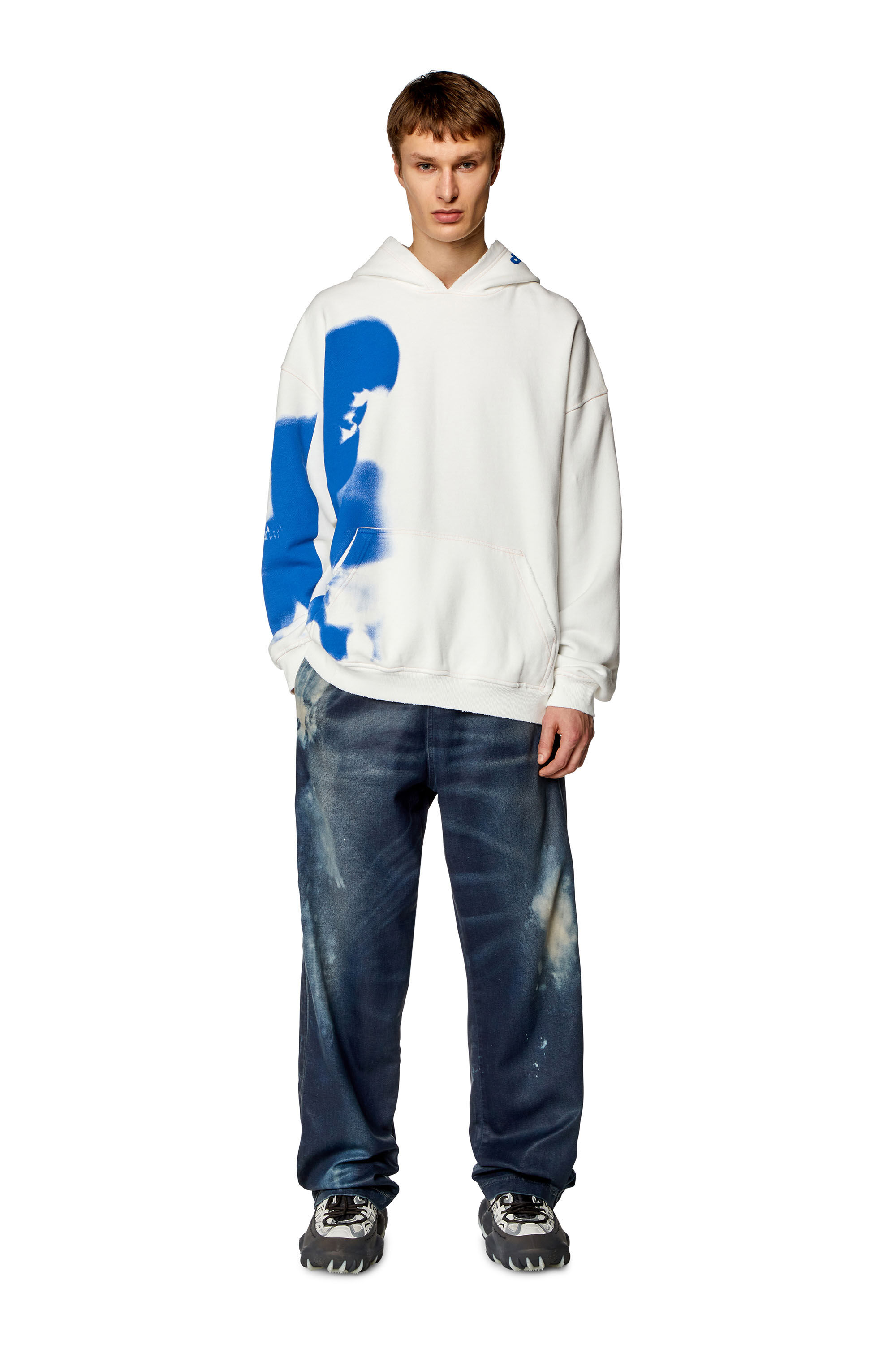 Men's Distressed hoodie with smudgy print | White | Diesel Men's Distressed hoodie with smudgy print | White | Diesel
