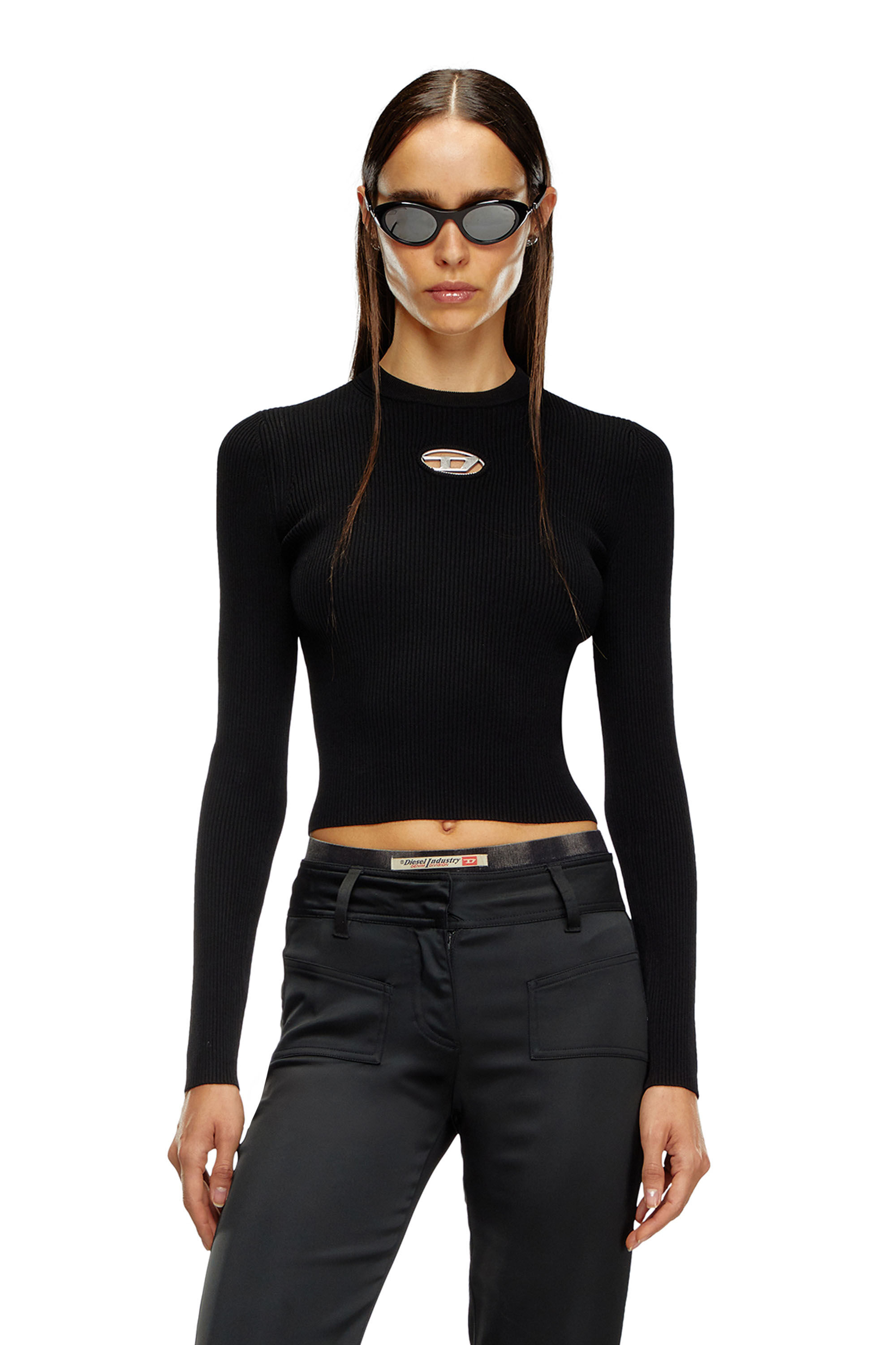 DIESEL◆M-Valary/オーバルDロゴニット/S/ナイロン/BLK Women's Rib-knit viscose-blend top with Oval D | Black | Diesel