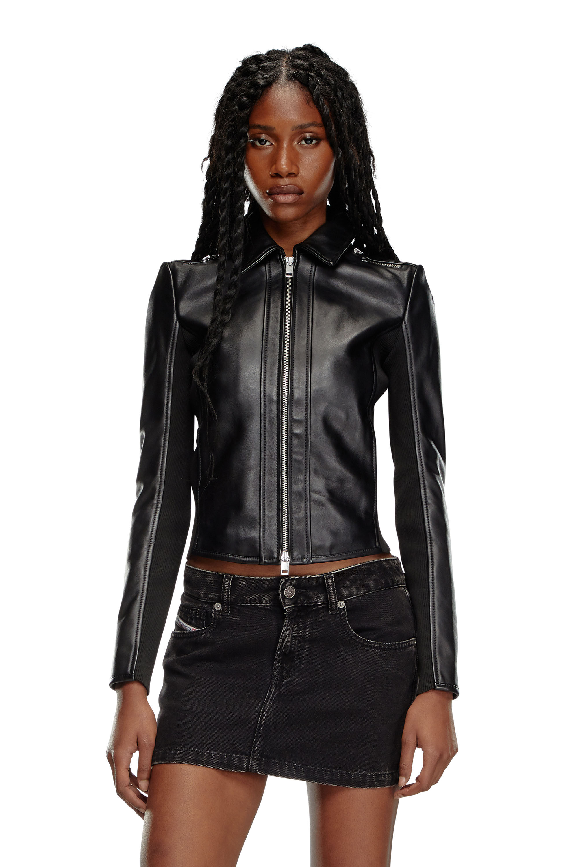 Diesel - L-SASK, Female's Leather biker jacket with rib panels in Black - 3