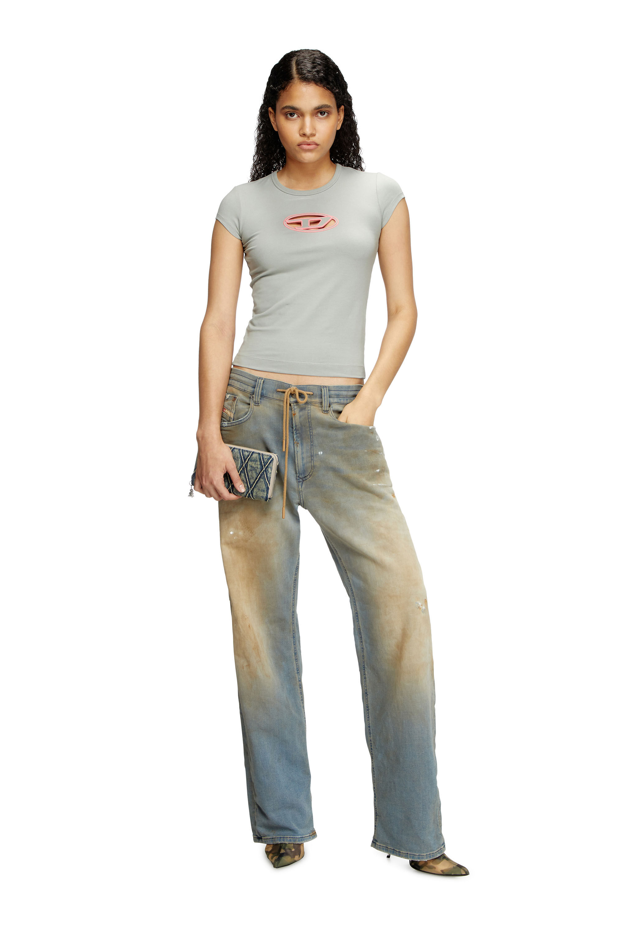 Diesel - T-ANGIE, Female's T-shirt with peekaboo logo in Light Grey - 1