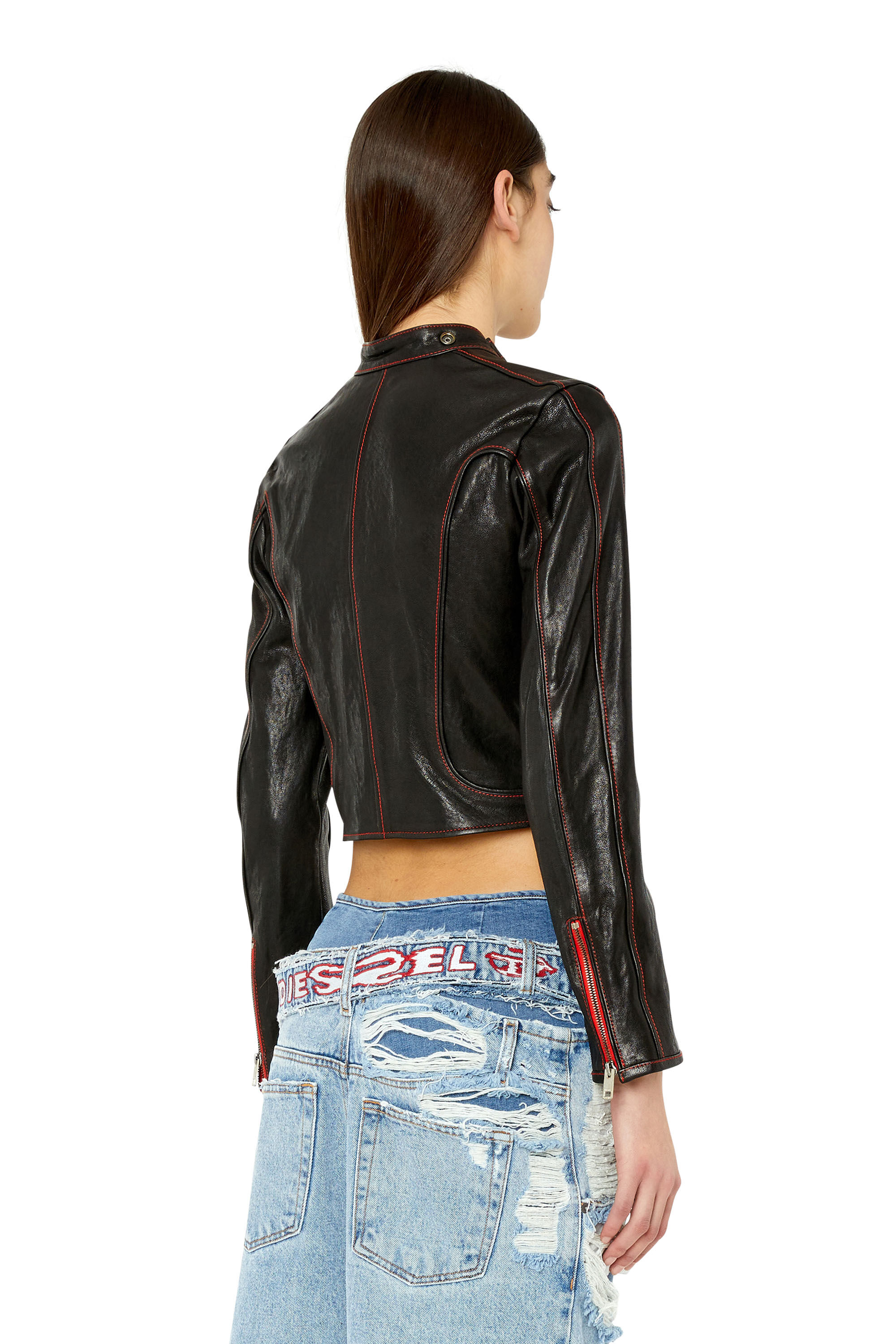 Diesel - L-FOX-A, Female's Leather biker jacket with contrast details in Black - 5