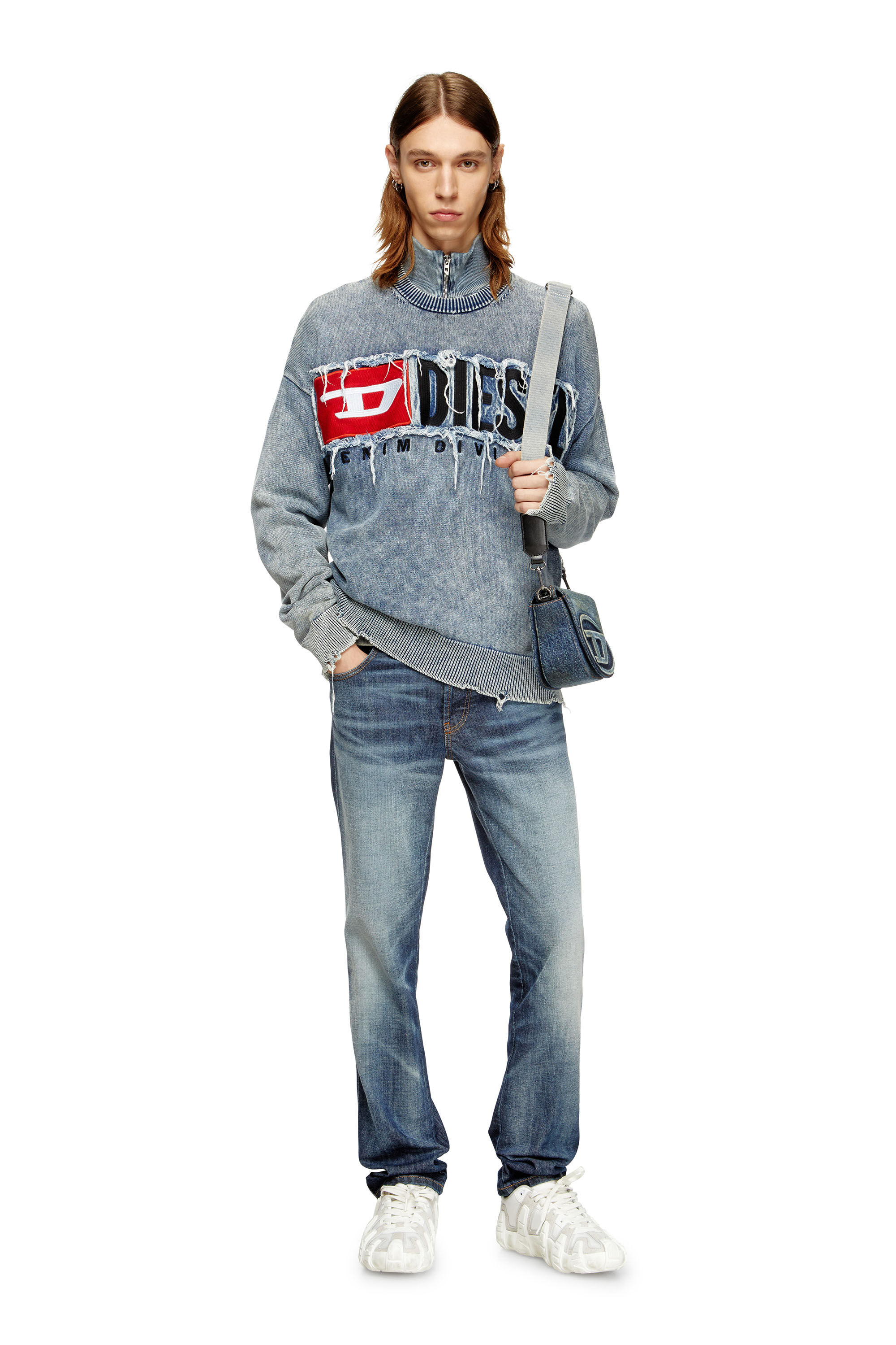 Men's Cotton jumper with denim logo patch | Blue | Diesel