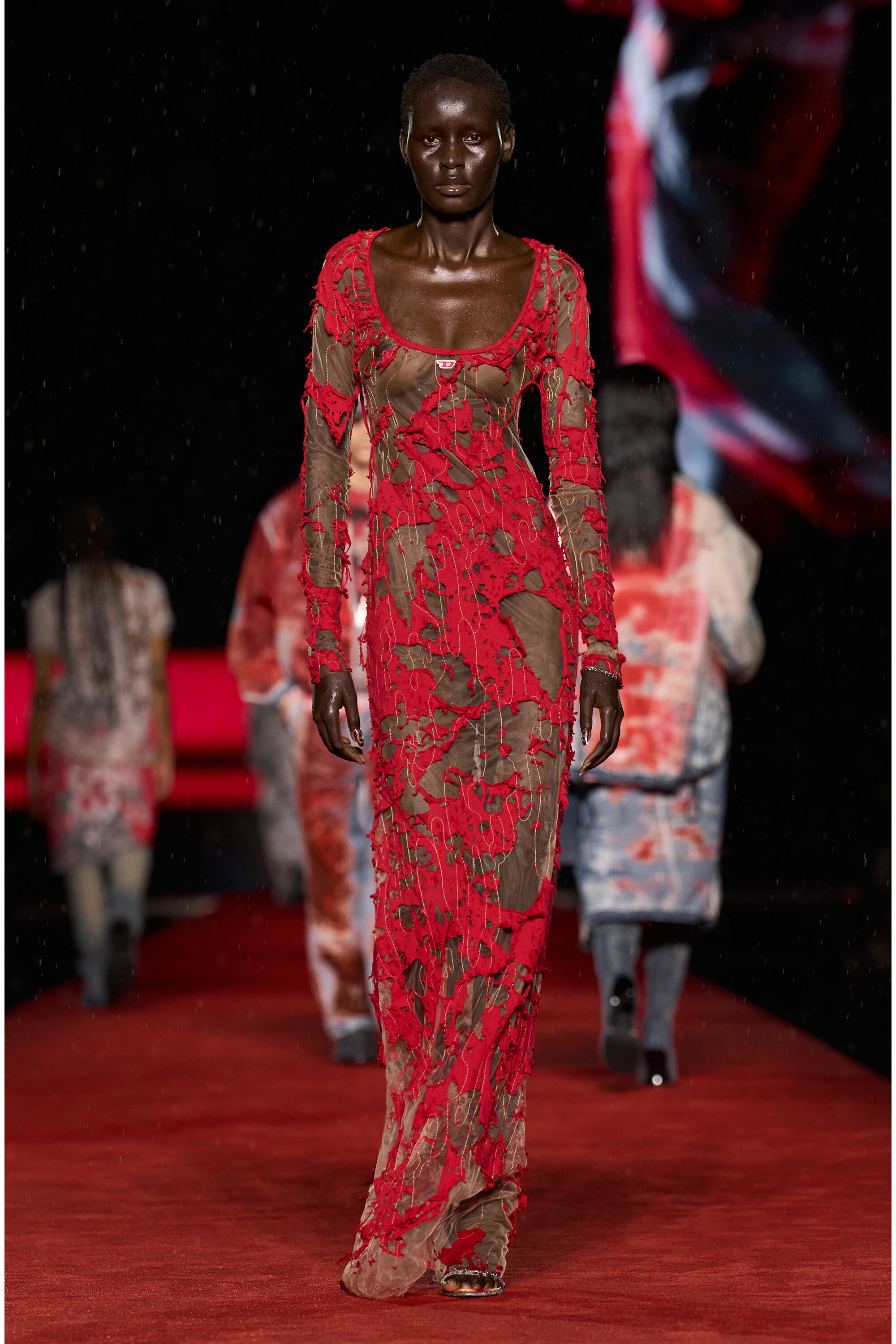 Diesel - D-LEA, Female's Long devoré dress in tulle and jersey in Red - 6
