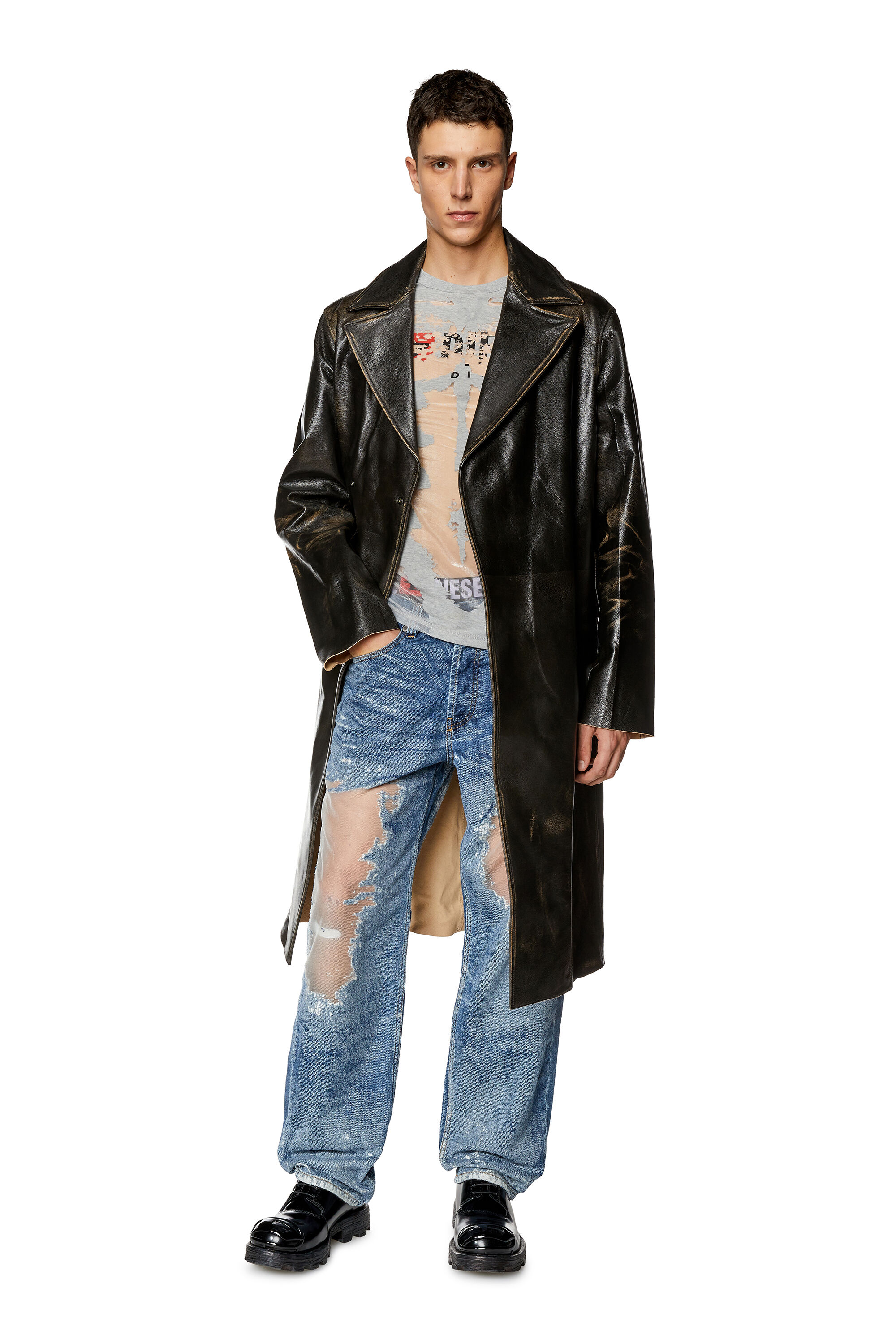 Diesel - L-KAUFFMAN, Trench-coat en cuir effet vieilli Homme in Marron - 3