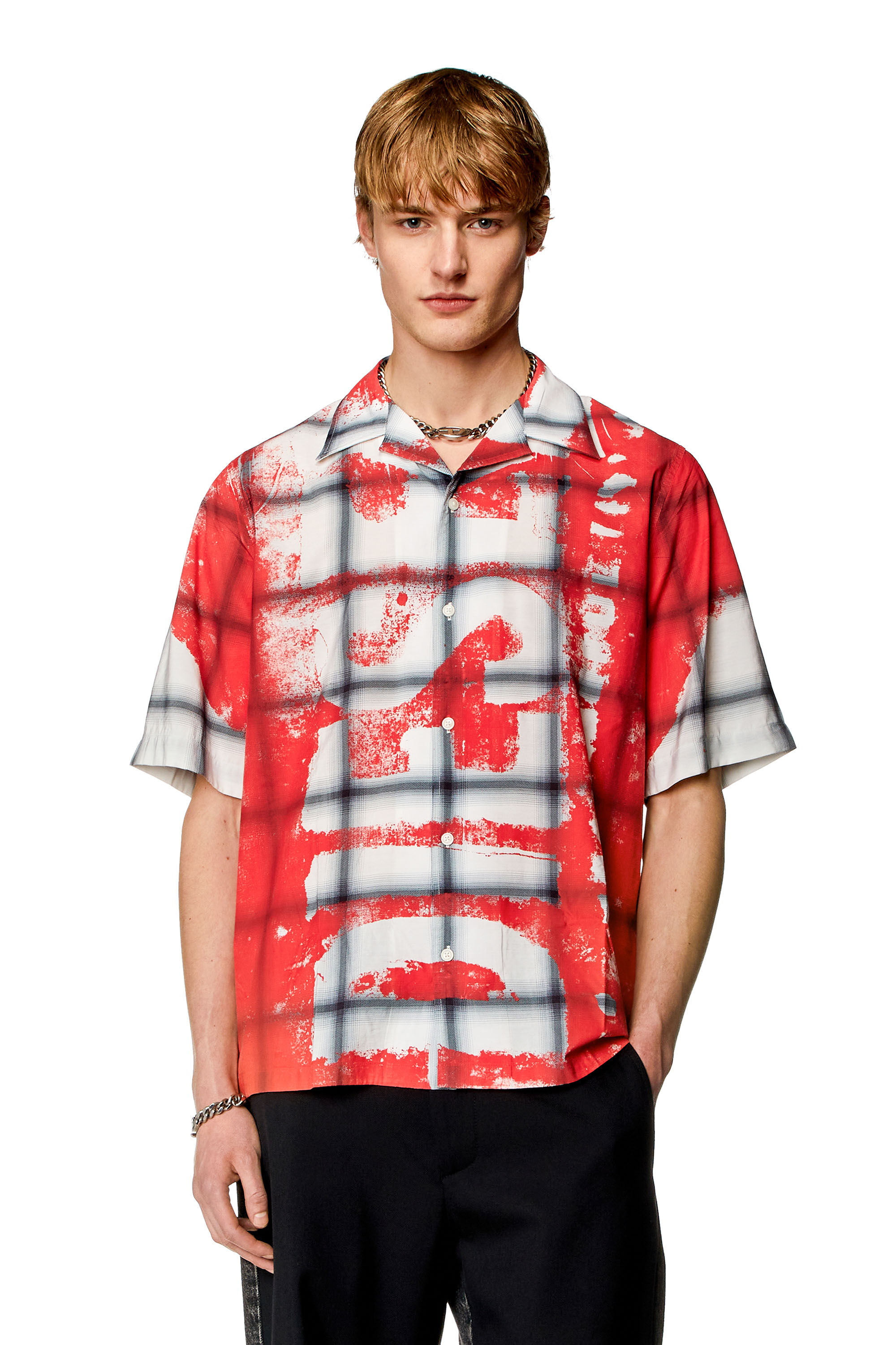 Diesel - S-NABIL, Man's Check bowling shirt with fading logo in White/Red - 3