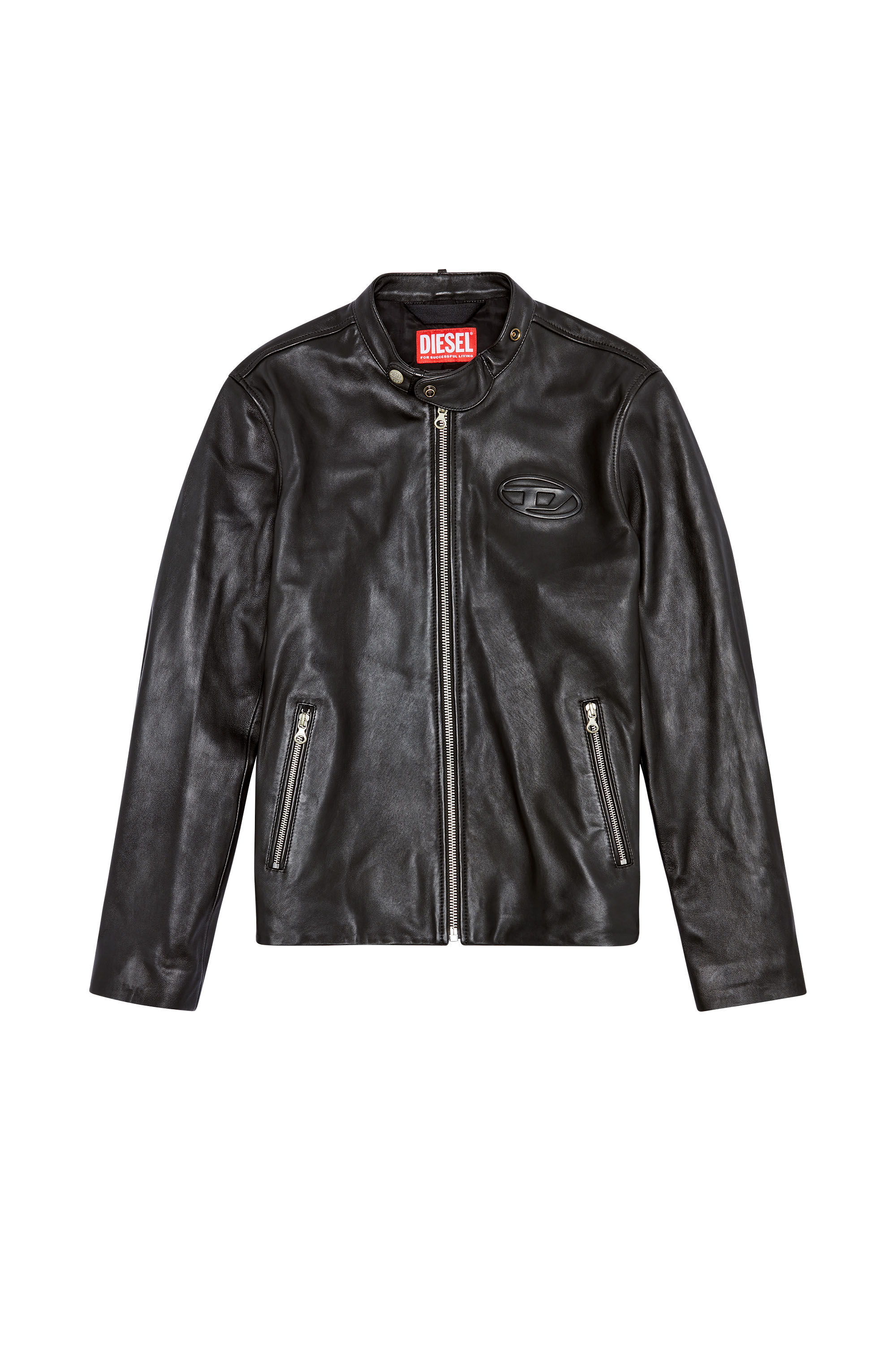 Diesel - L-METALO, Male's Leather biker jacket with distressed logo in Black - 2