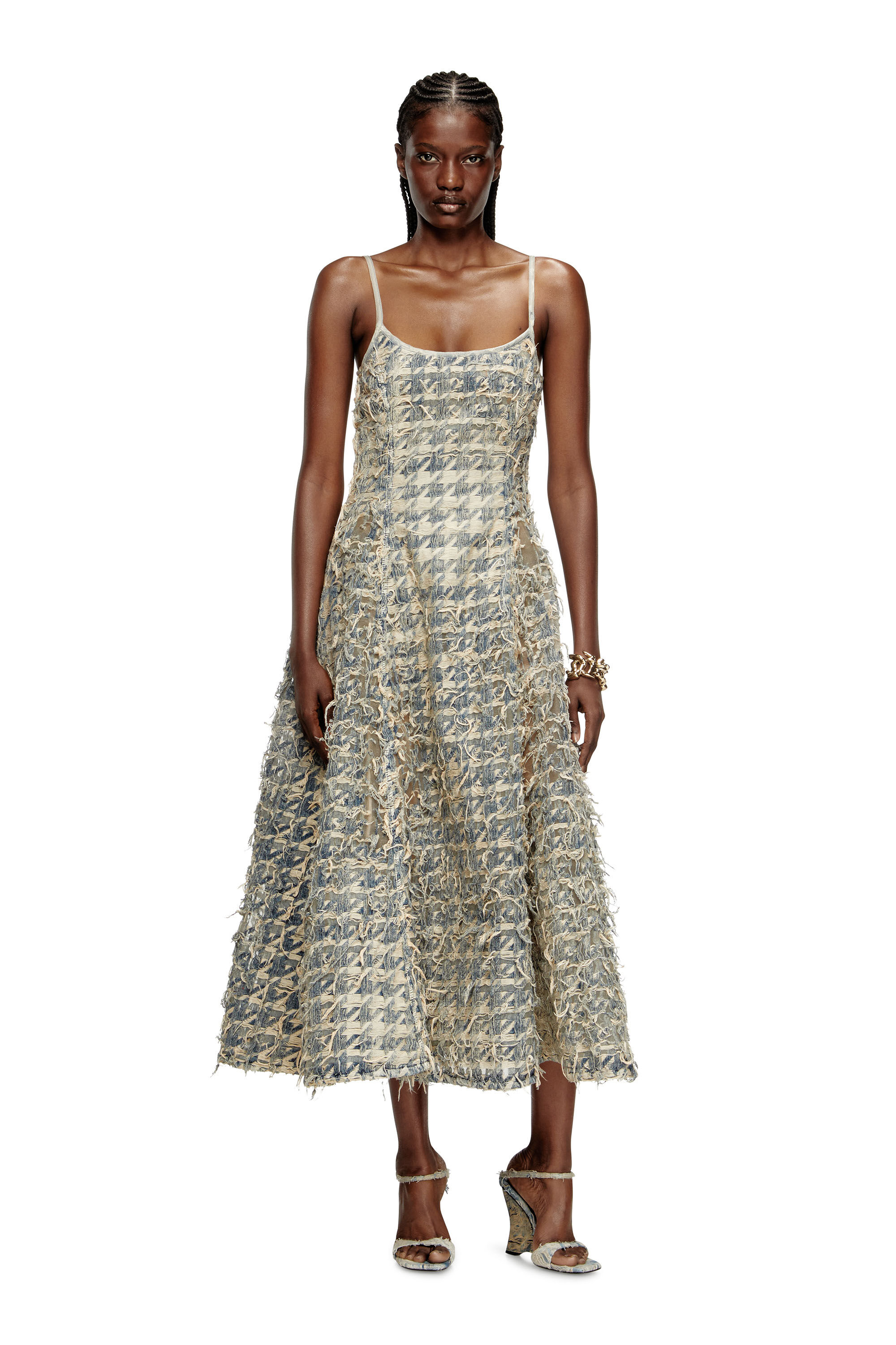 Diesel - DE-SWEENEY-LONG-FSH, Female's Long skirt in dévoré houndstooth denim in Light Blue - 3