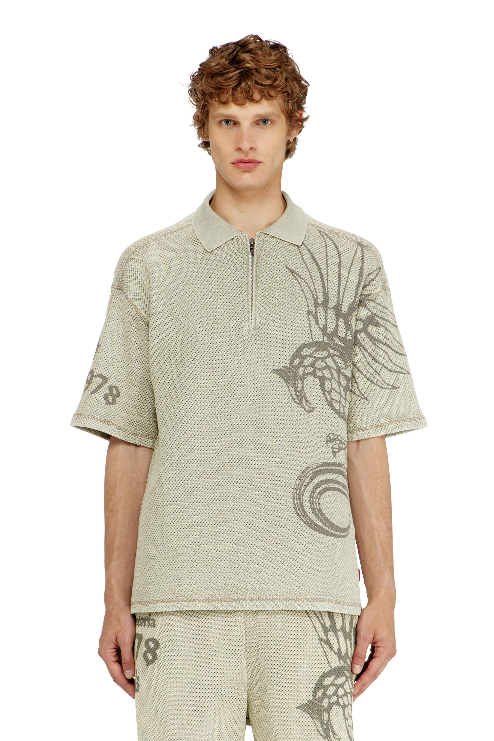 Diesel - T-ERRY-ZIP, Polo en mesh jacquard avec imprim&eacute; Phoenix Homme in Beige - 3
