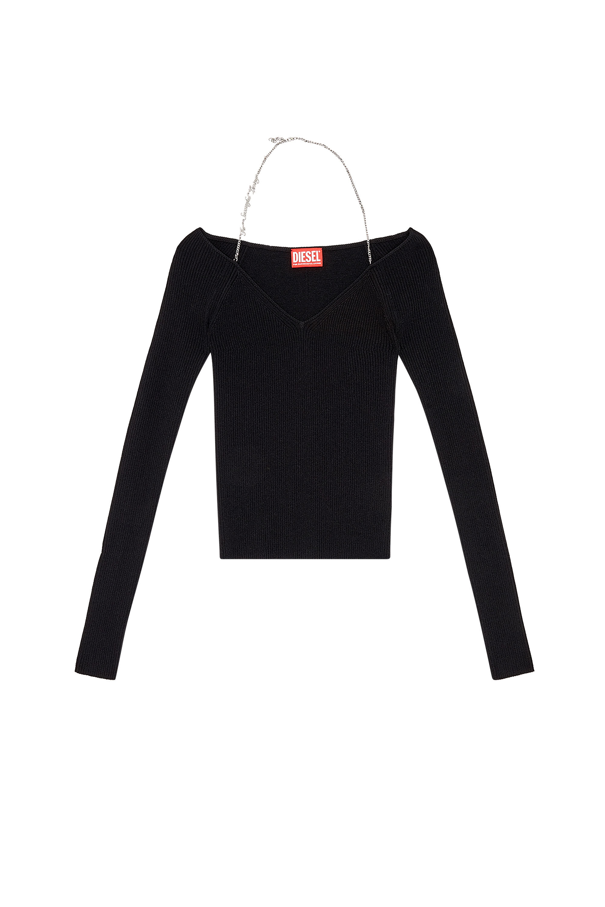 Diesel - M-APRIL, Woman's Ribbed top with logo chain strap in Black - 2