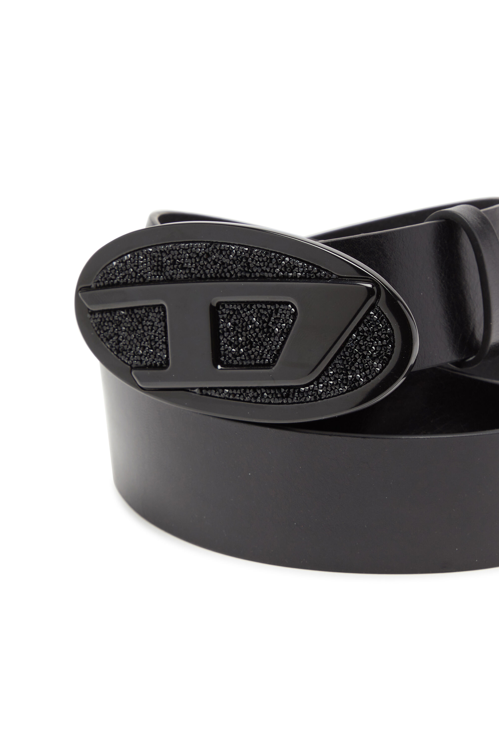Women's 4cm leather belt with rhinestone Oval D buckle | Black