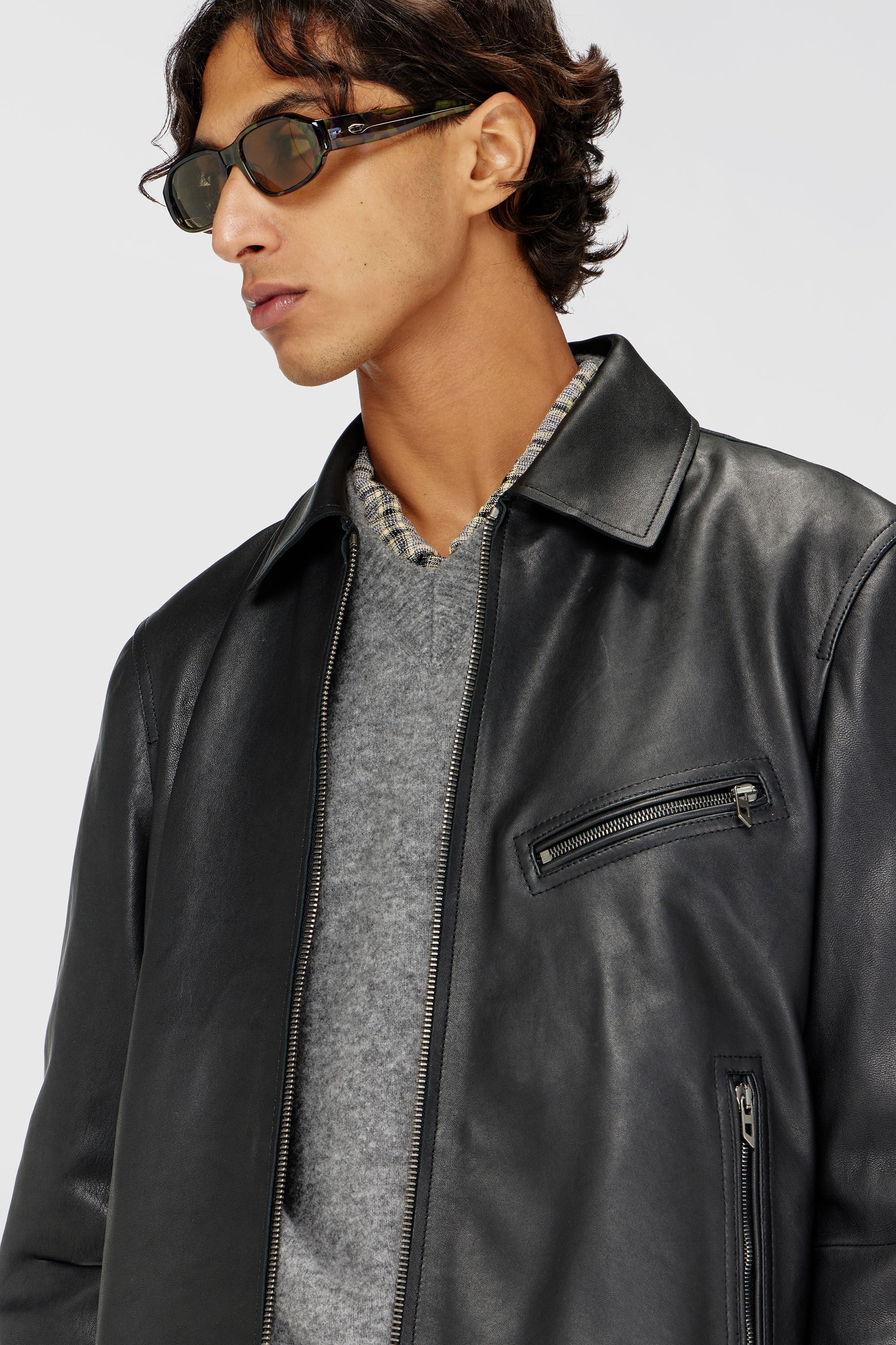 Diesel - L-KORN-A, Man's Leather jacket with embossed Oval D in Black - 4
