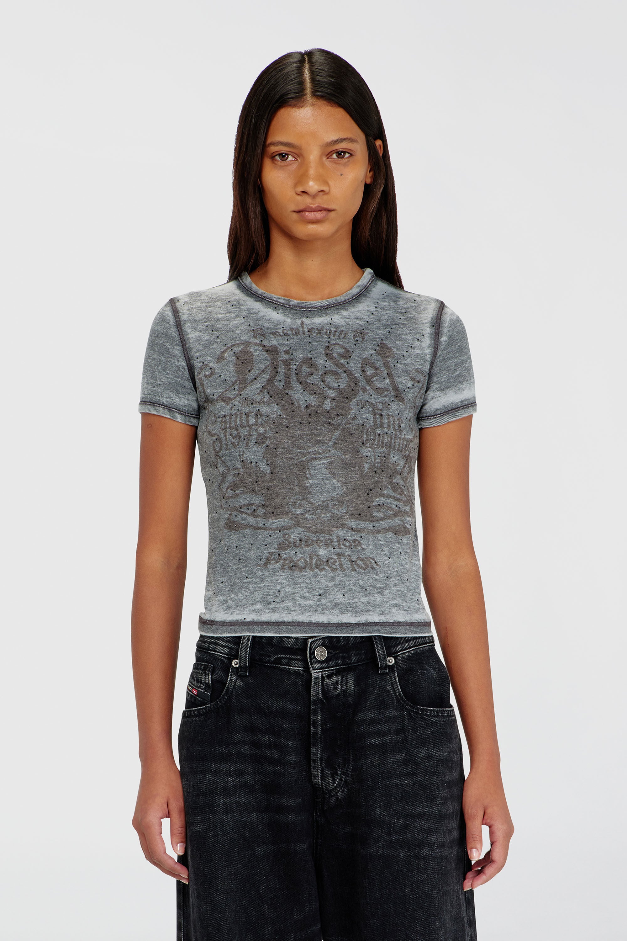 Diesel - T-UNCUTIES-LONG-AA3, Woman's Slim jersey T-shirt with print and studs in Blue/Grey - 3