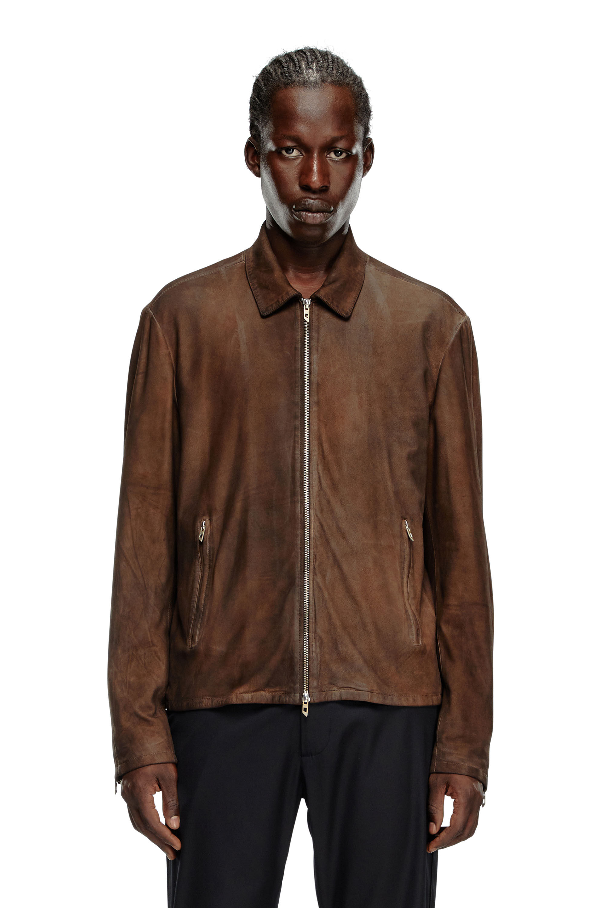 Diesel - L-CROMBE, Male's Blouson jacket in treated leather in Brown - 3