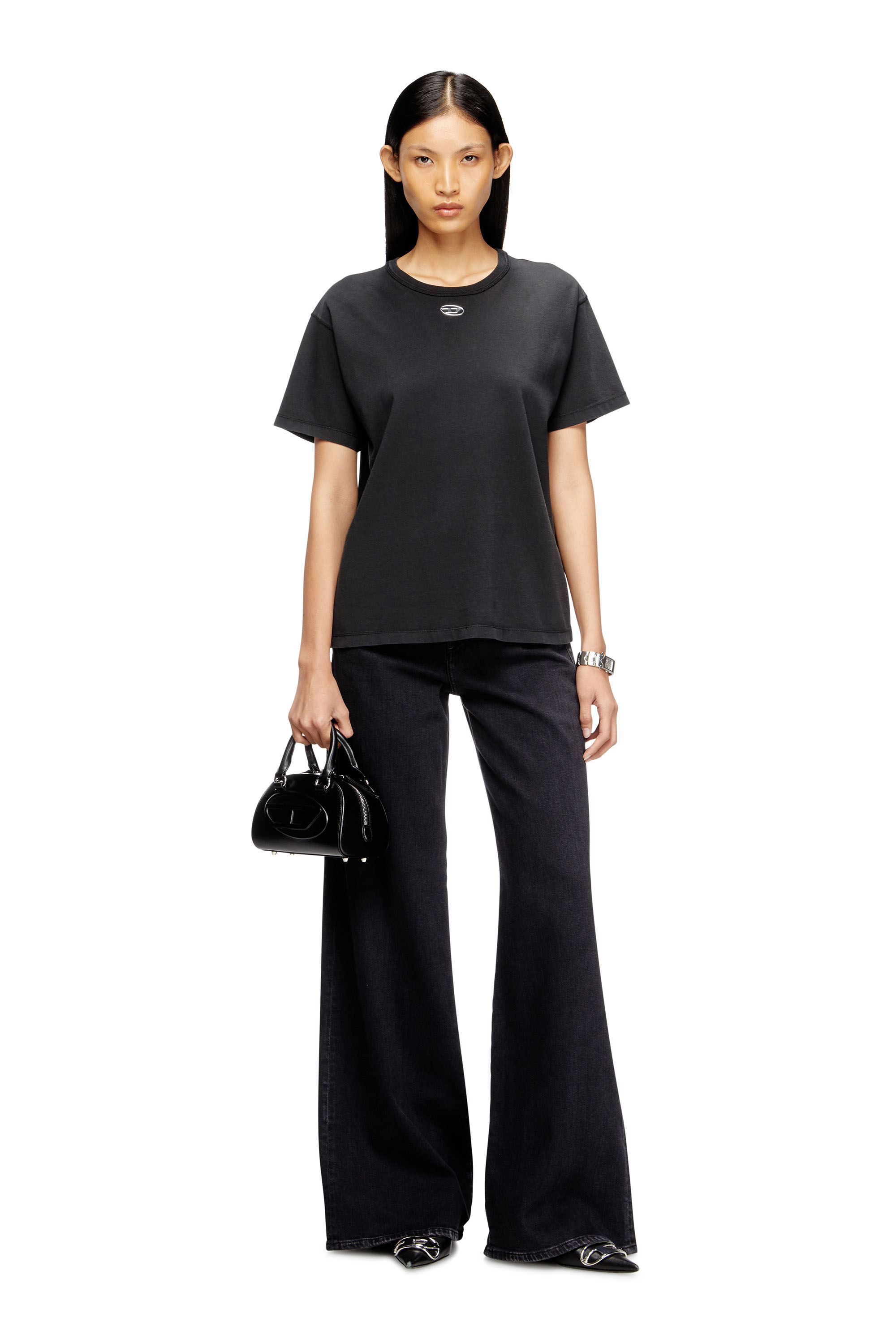 Women's Cotton T-shirt with metallic Oval D | Black | Diesel