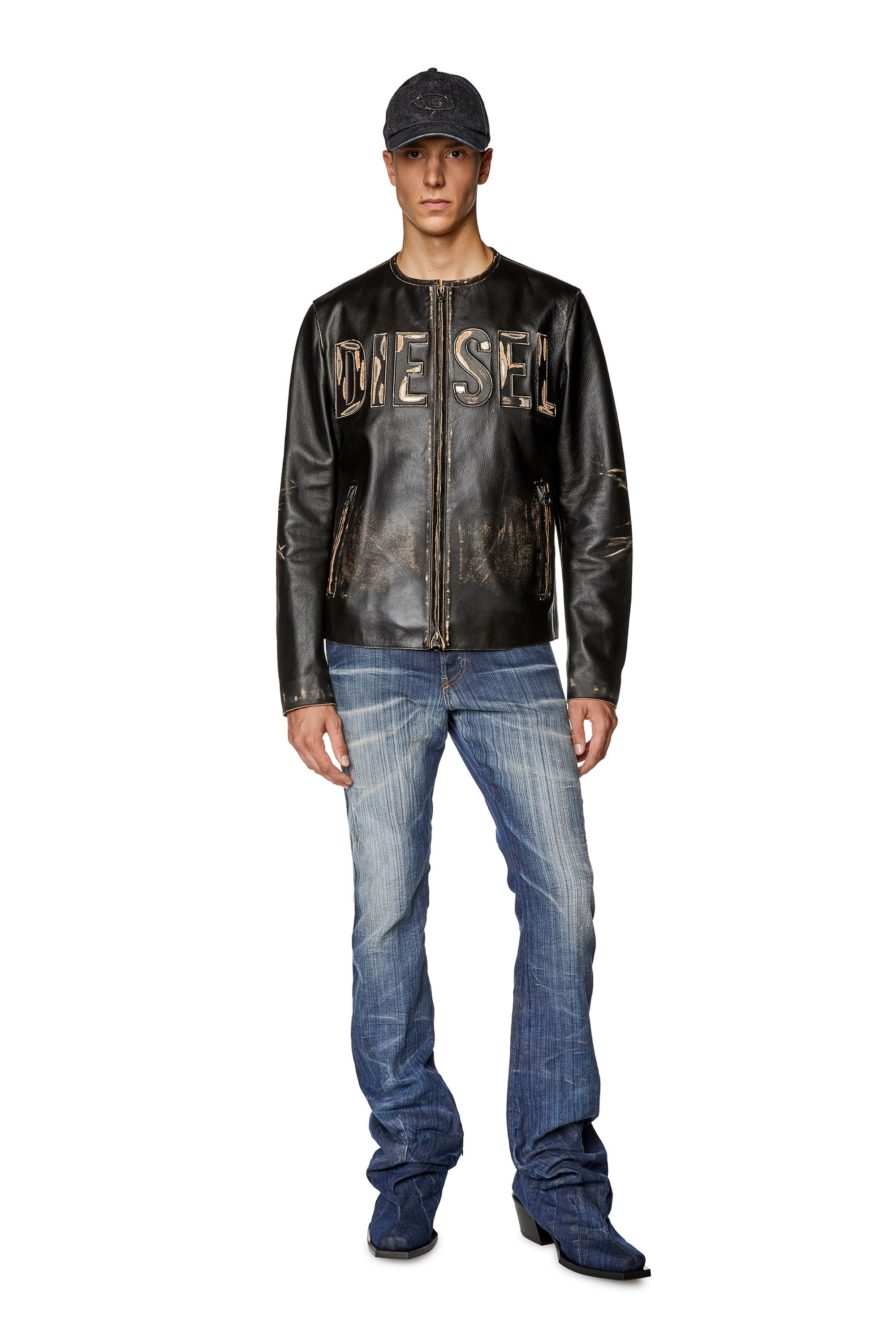 Diesel - L-MET, Chaqueta de cuero desgastado con logotipo metálico Hombre in Negro - 1