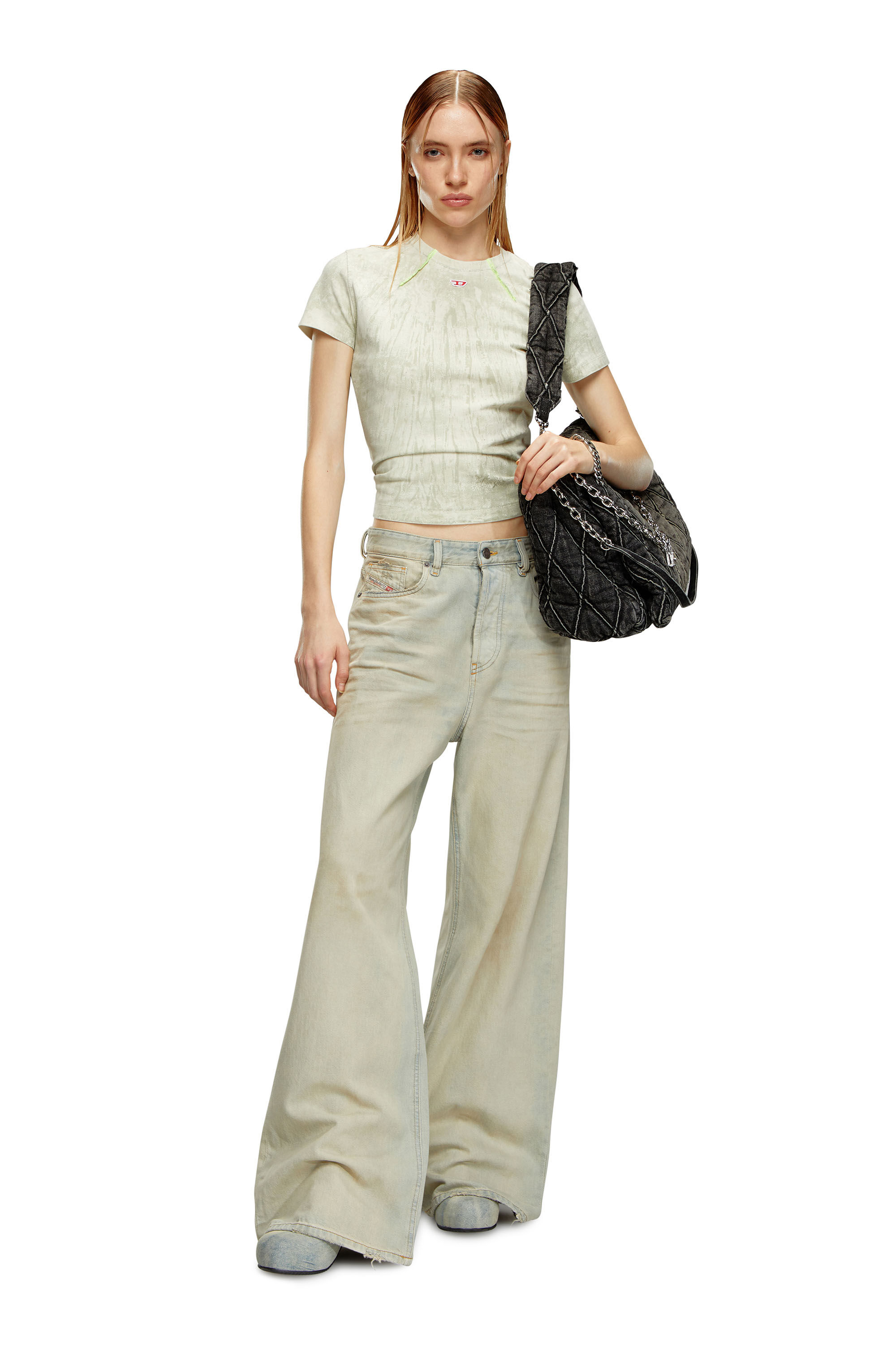 Diesel - T-UNCUTIE-LONG-N11, T-shirt en jersey marbré avec empiècement D Femme in Blanc - 1