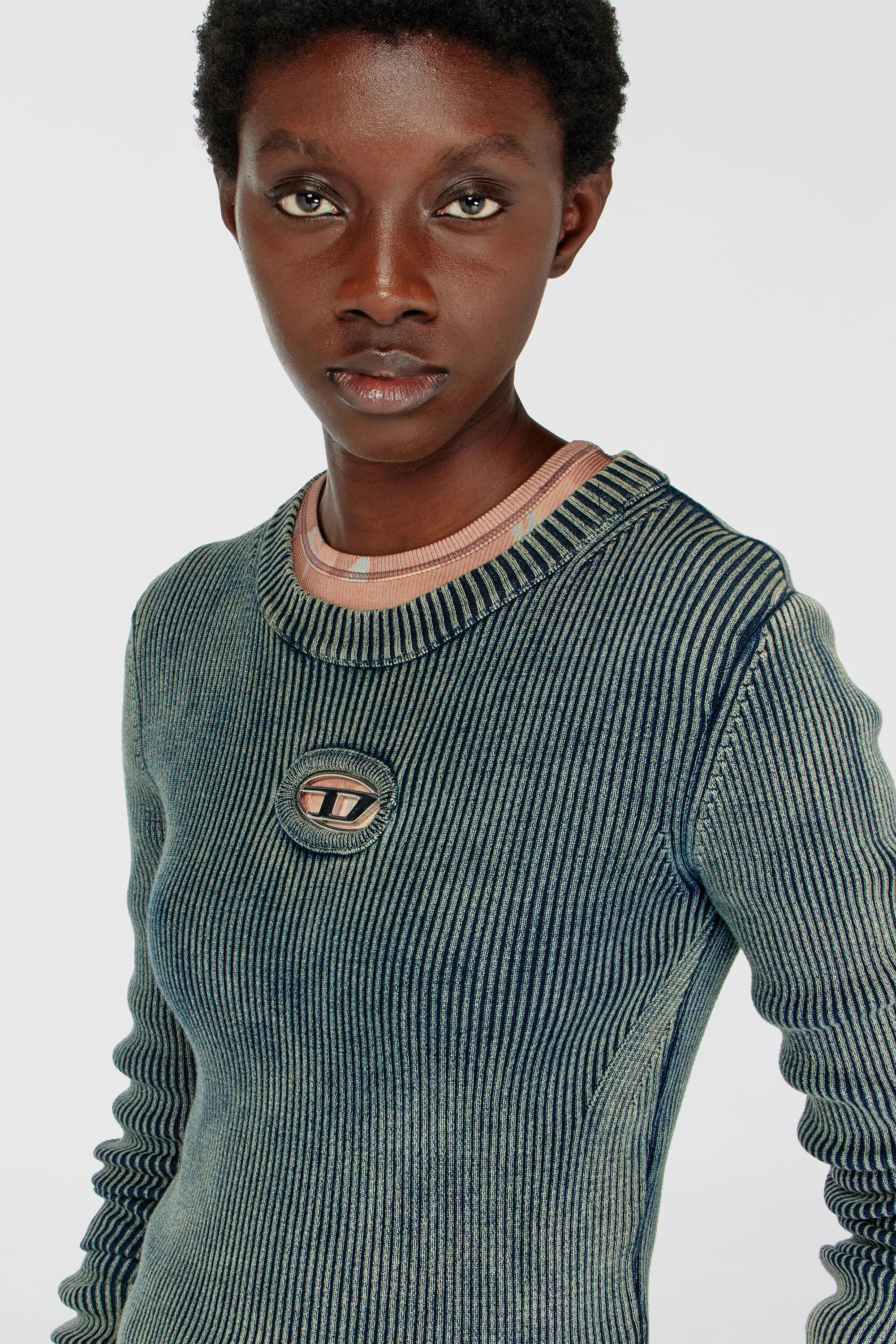 Women's Rib-knit top with Oval D | Blue | Diesel {{Country}}