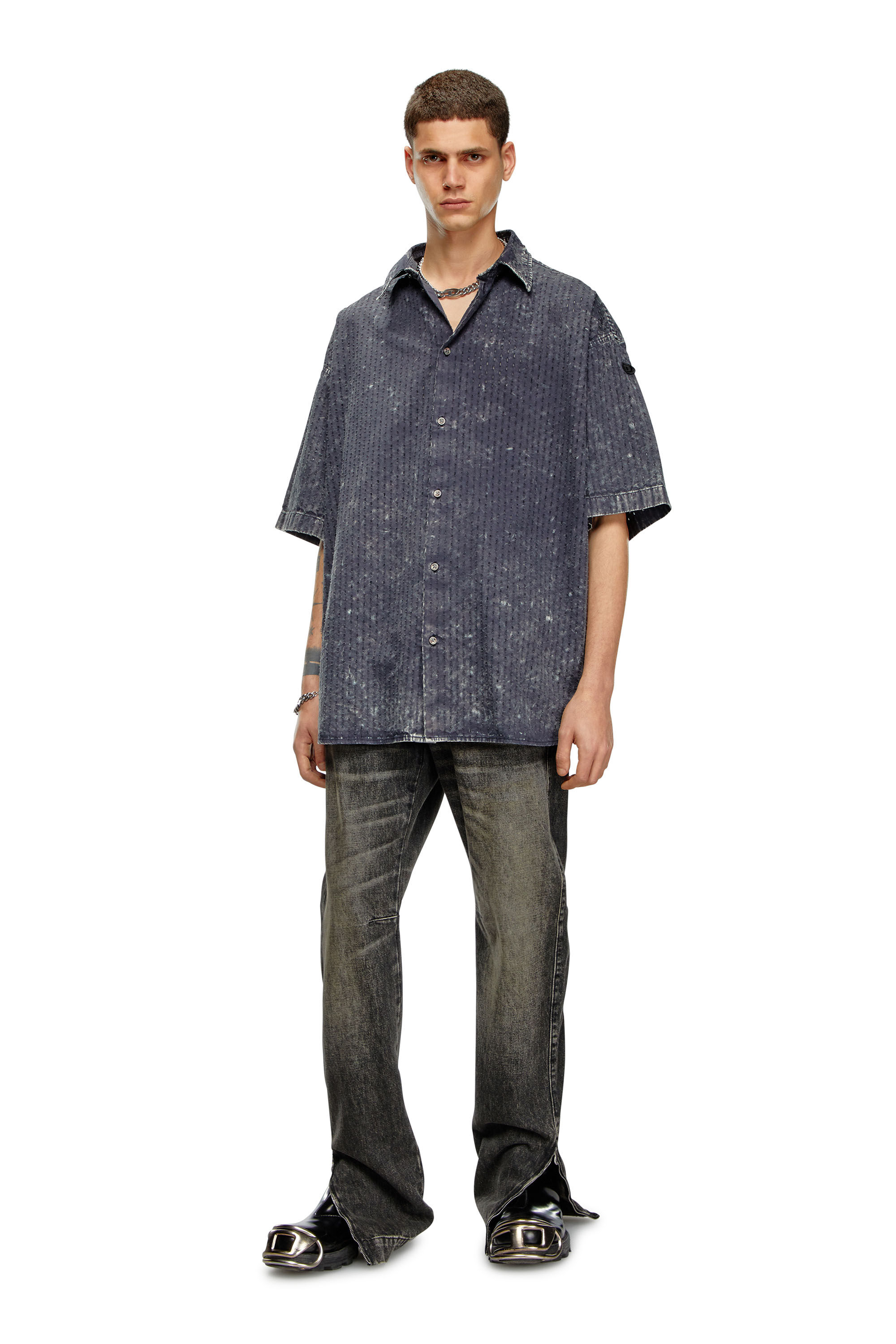 Diesel - S-LAZER, Male's Perforated acid-wash short-sleeve shirt in Dark Grey - 1