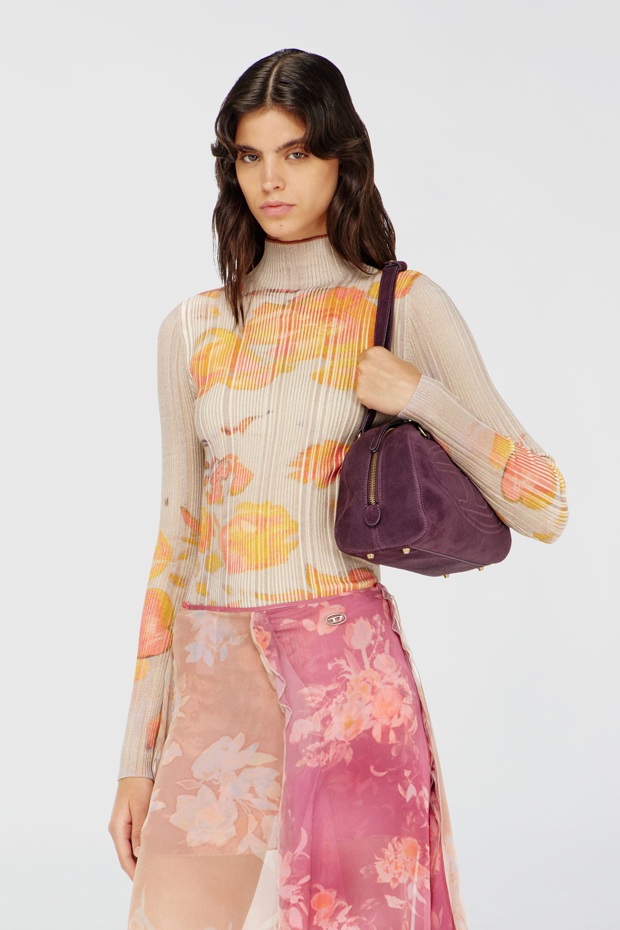 Diesel - M-IORIA, Woman's Ribbed wool turtleneck top with floral print in Yellow/Beige - 3