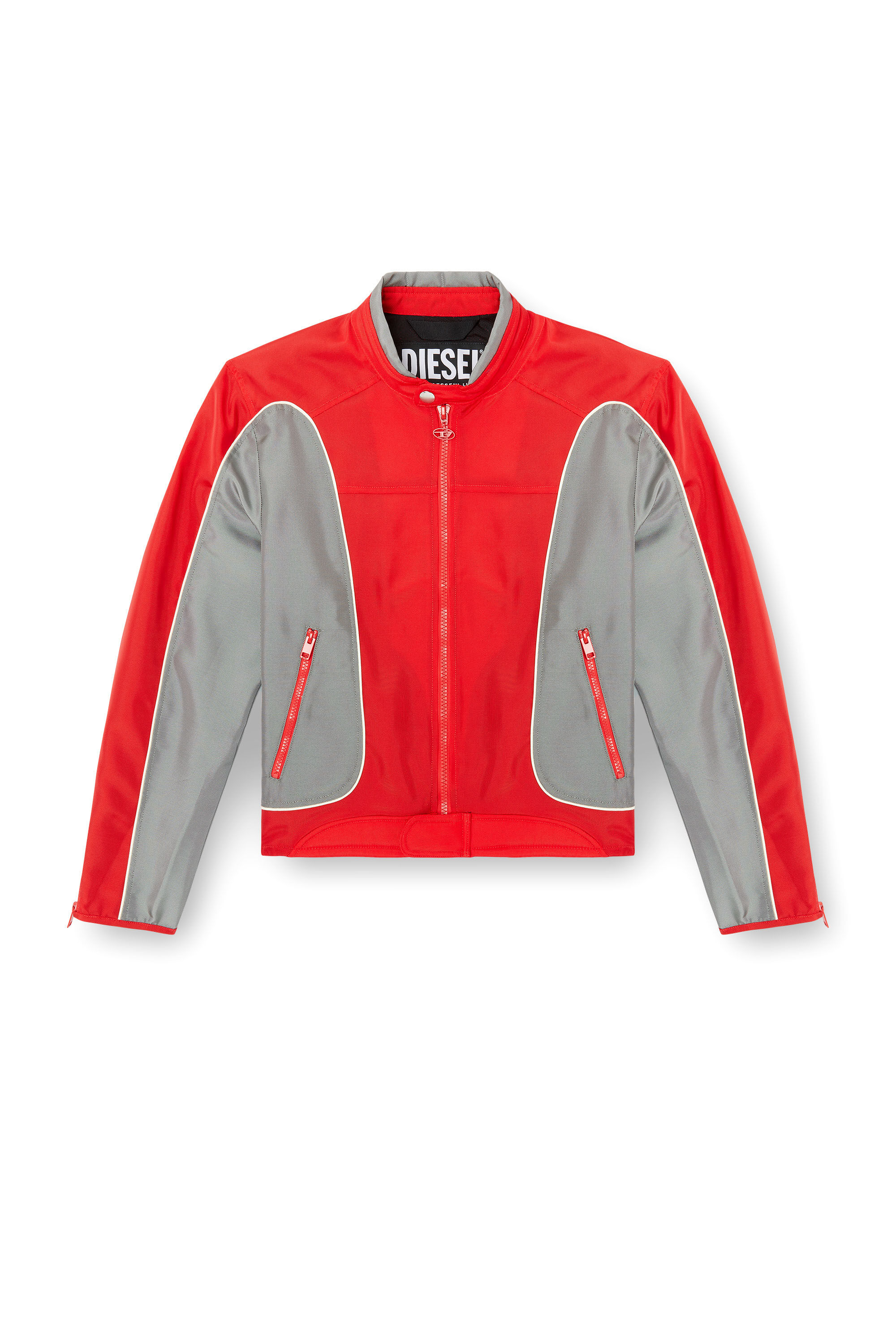 Diesel - J-BLINK-A, Male's Colour-block biker jacket with piping in Red/Grey - 2