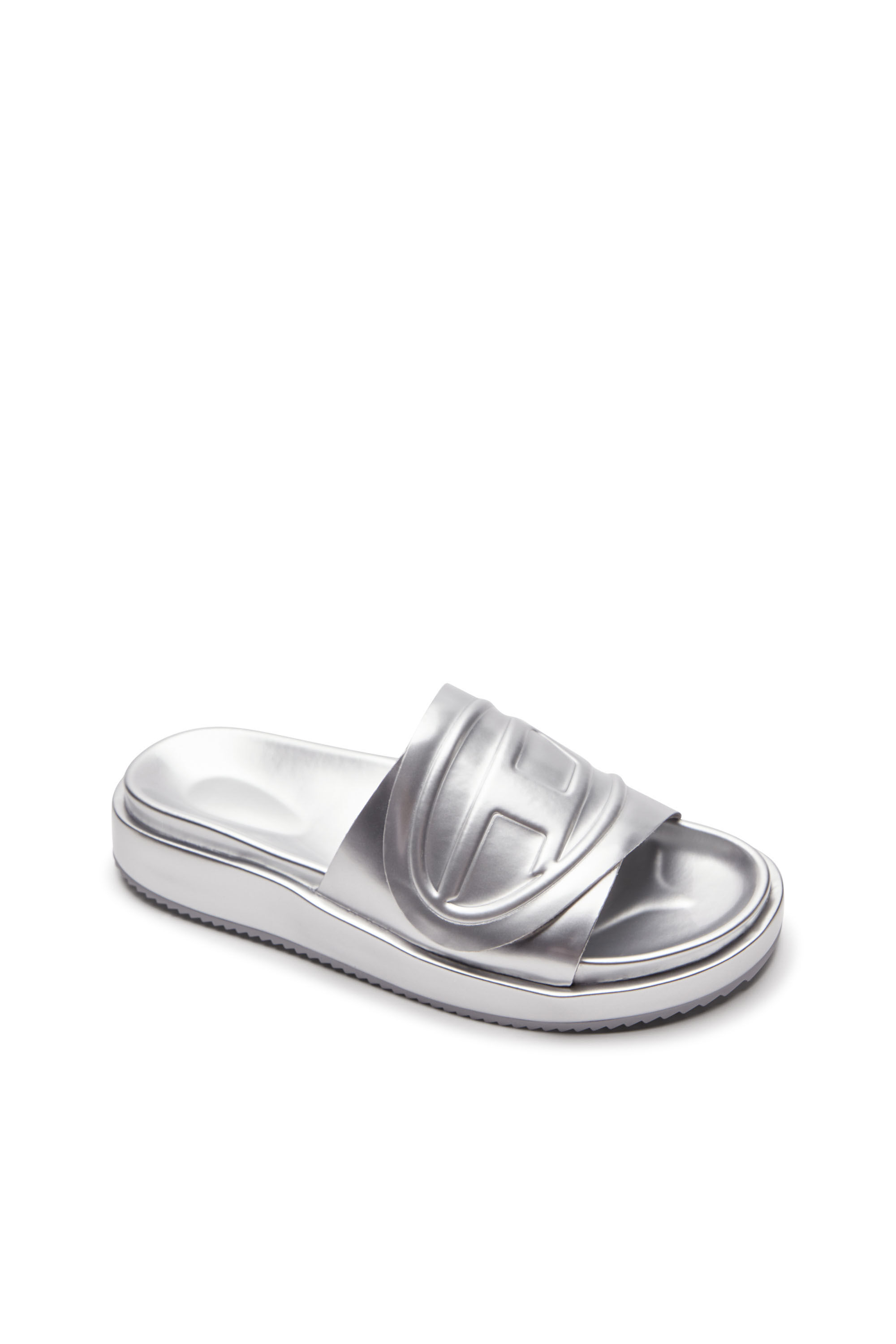 Diesel - SA-SLIDE D OVAL W, Female's Sa-Slide D-Metallic slide sandals with Oval D strap in Silver - 6