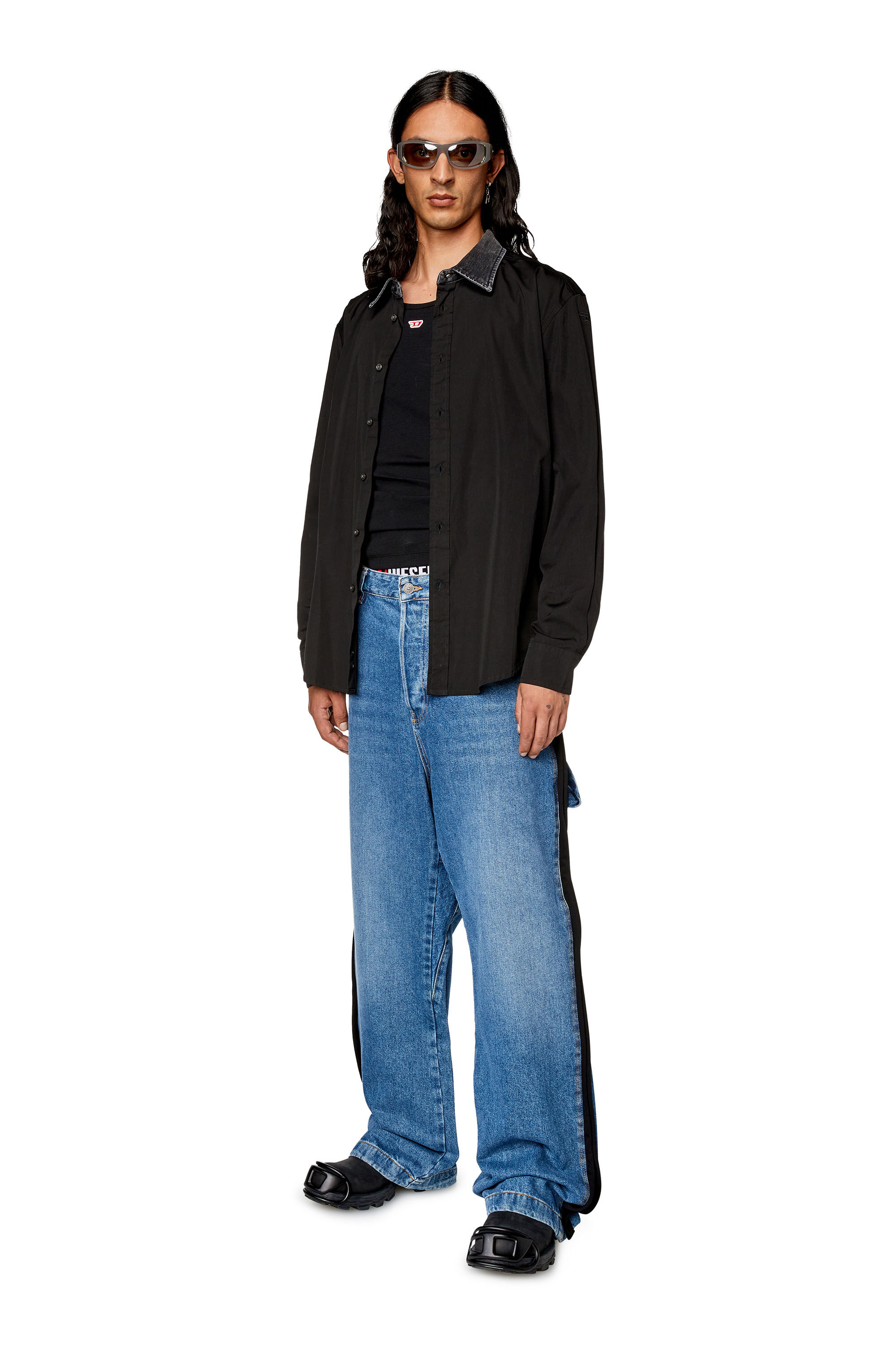 Men's Cotton shirt with denim collar | Black | Diesel US
