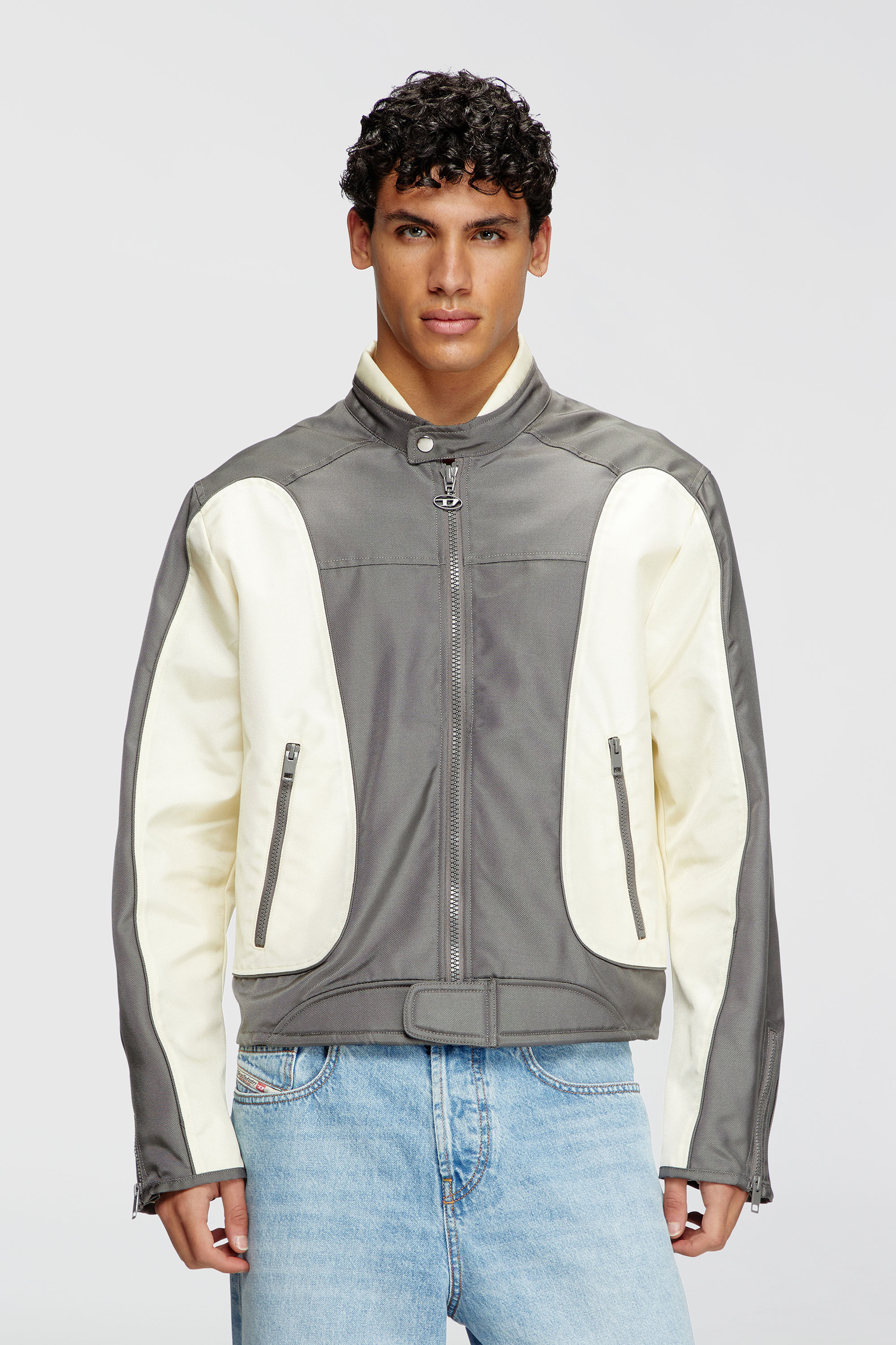 Diesel - J-BLINK-A, Male's Colour-block biker jacket with piping in Grey/White - 3
