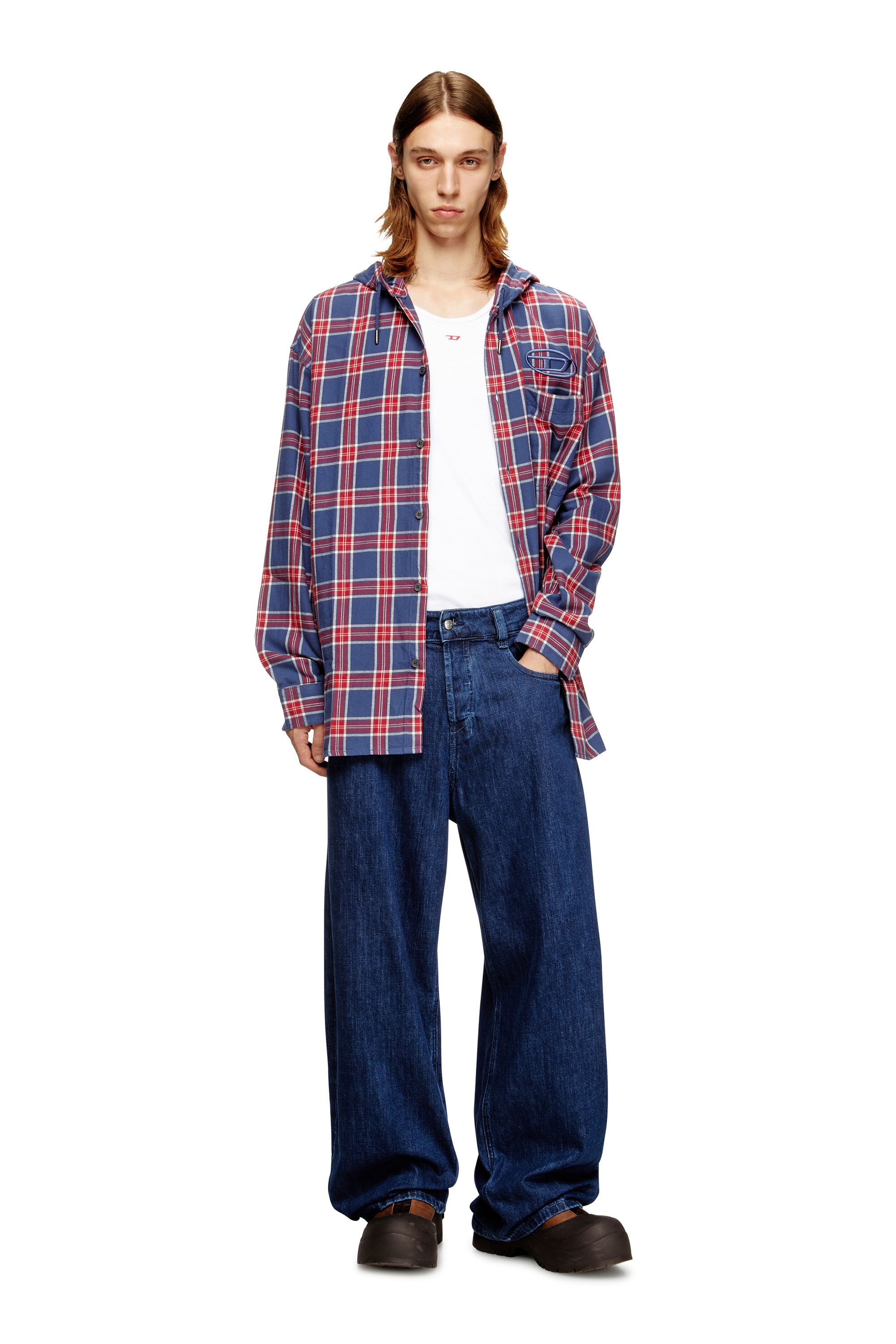 Diesel - S-DEWNY-HOOD-AJFI, Man's Cotton hooded shirt with 3D embroidery in Blue/Red - 1