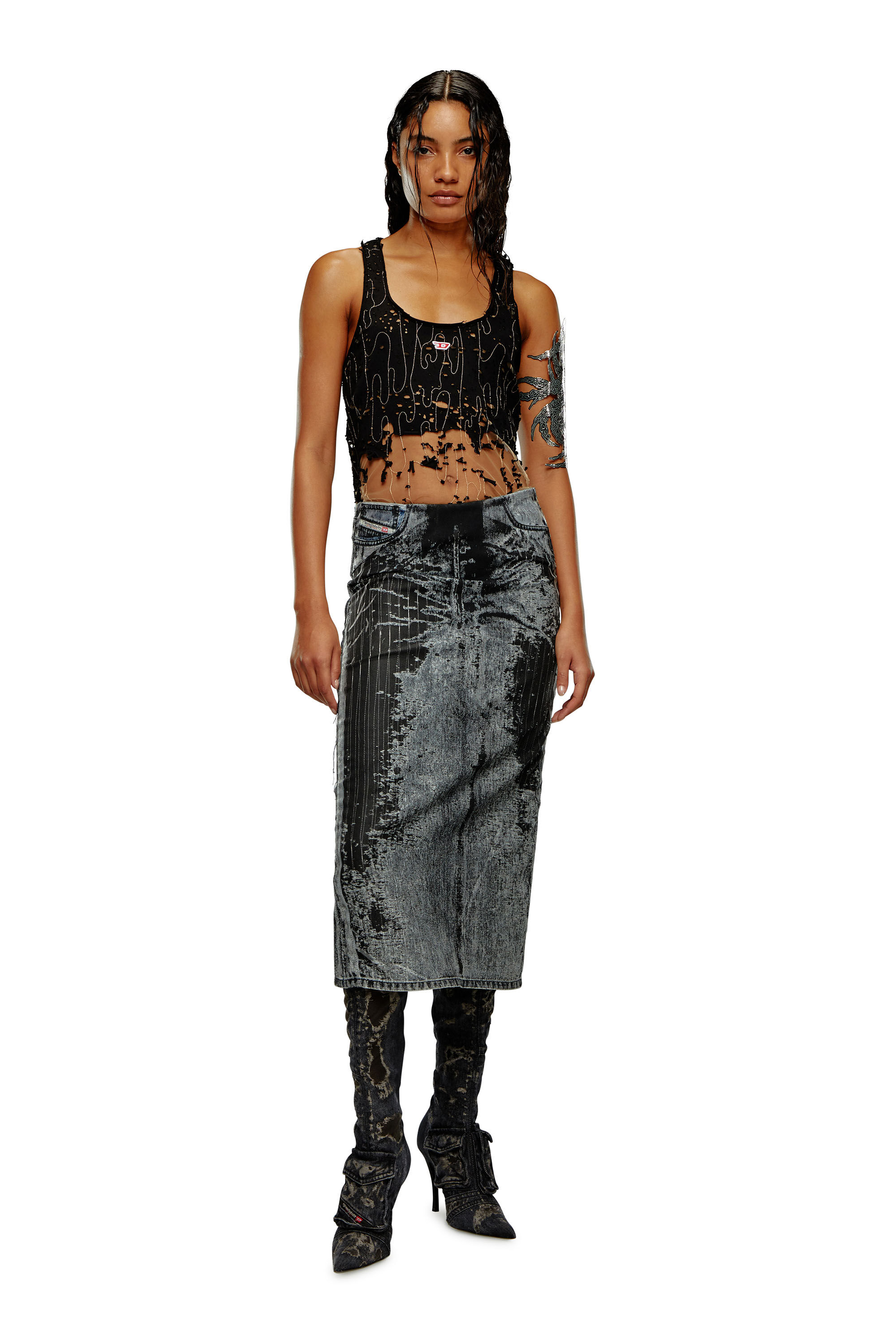 Diesel - T-BILS-DEV, Female's Tulle tank top with destroyed jersey in Black - 1