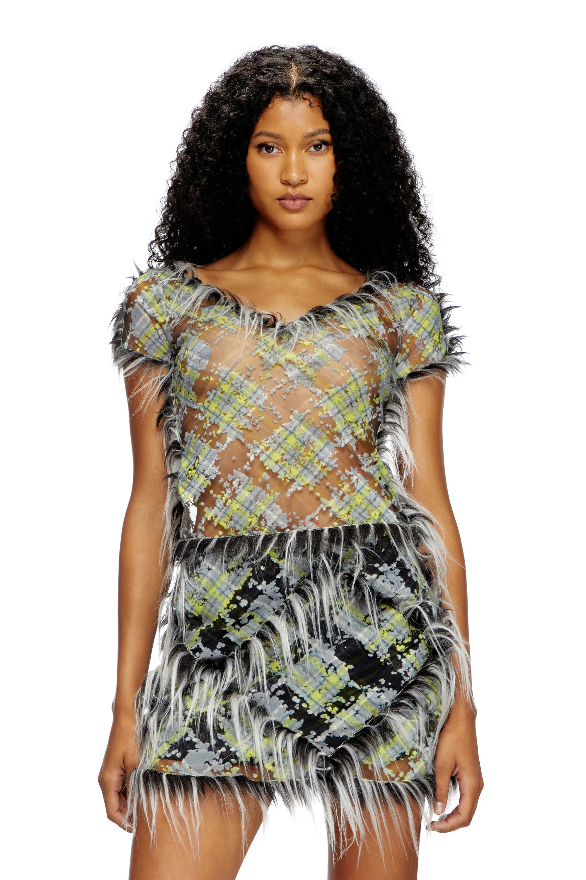 Women's Cropped top in fuzzy devoré check tulle | Multicolor | Diesel