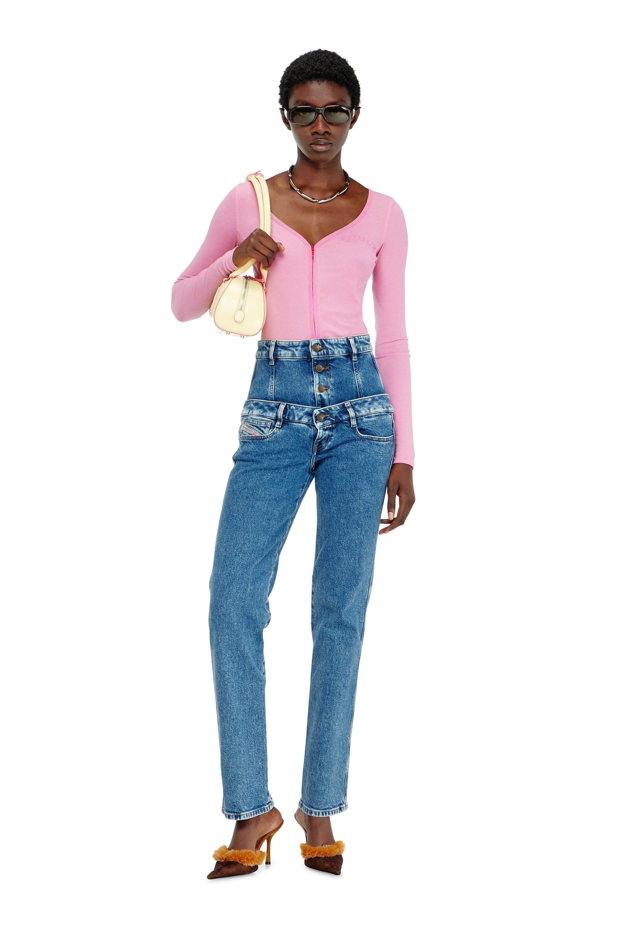 Women's Slim V-neck lyocell top with zip | Pink | Diesel {{Country}}