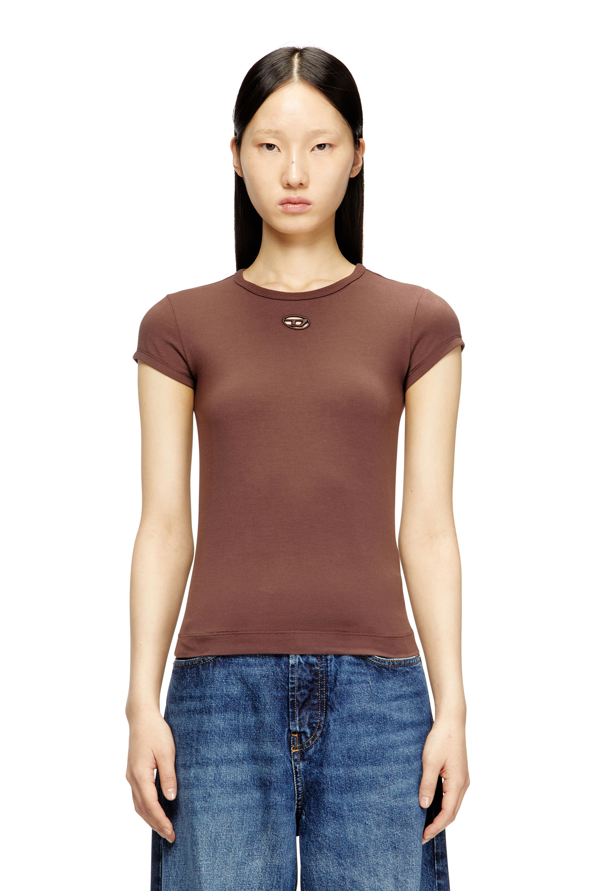 Women's T-shirt with cut-out embroidered logo | Brown | Diesel