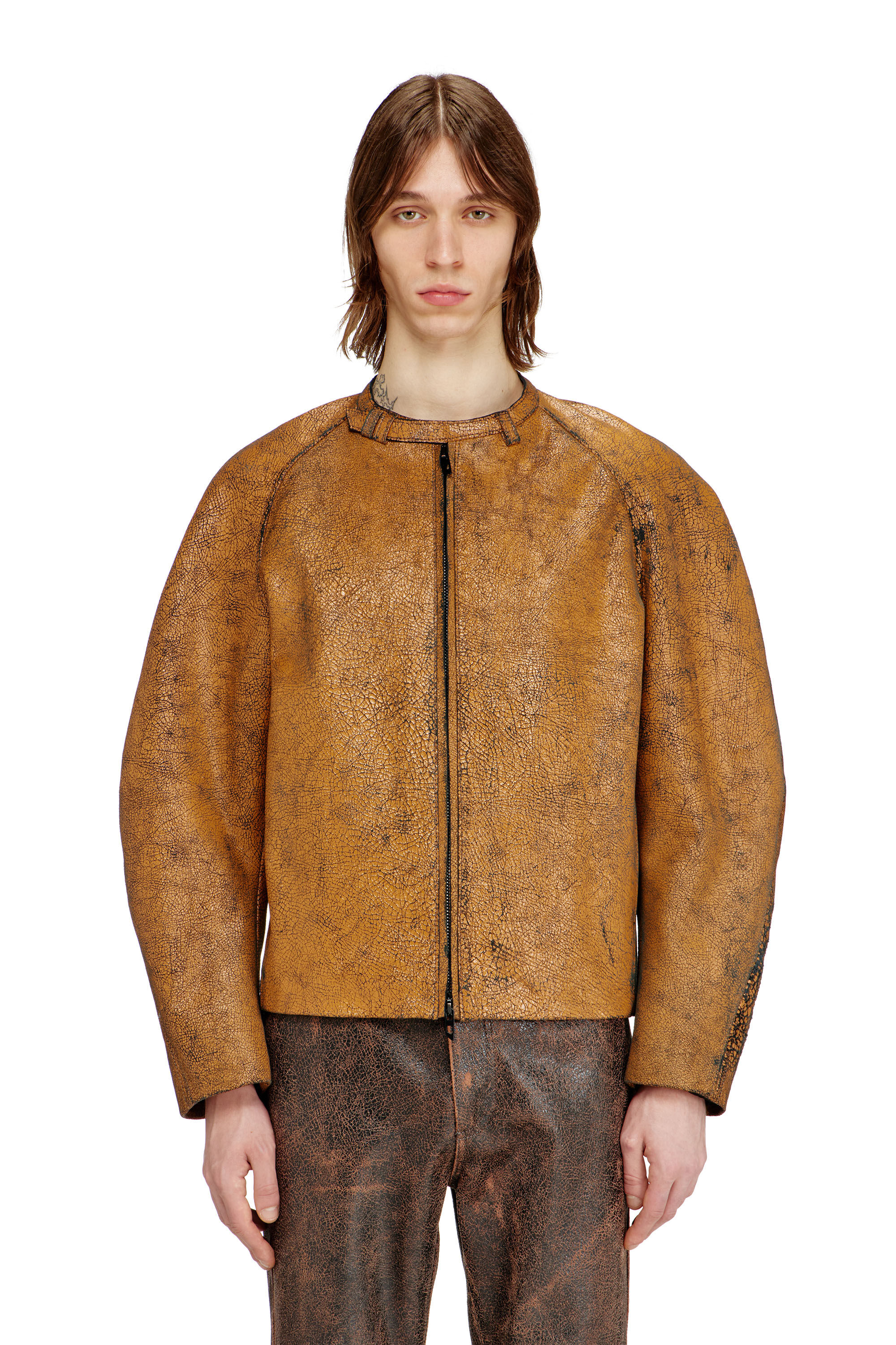 Men's Cocoon-sleeve biker jacket in cracked leather | Brown | Diesel