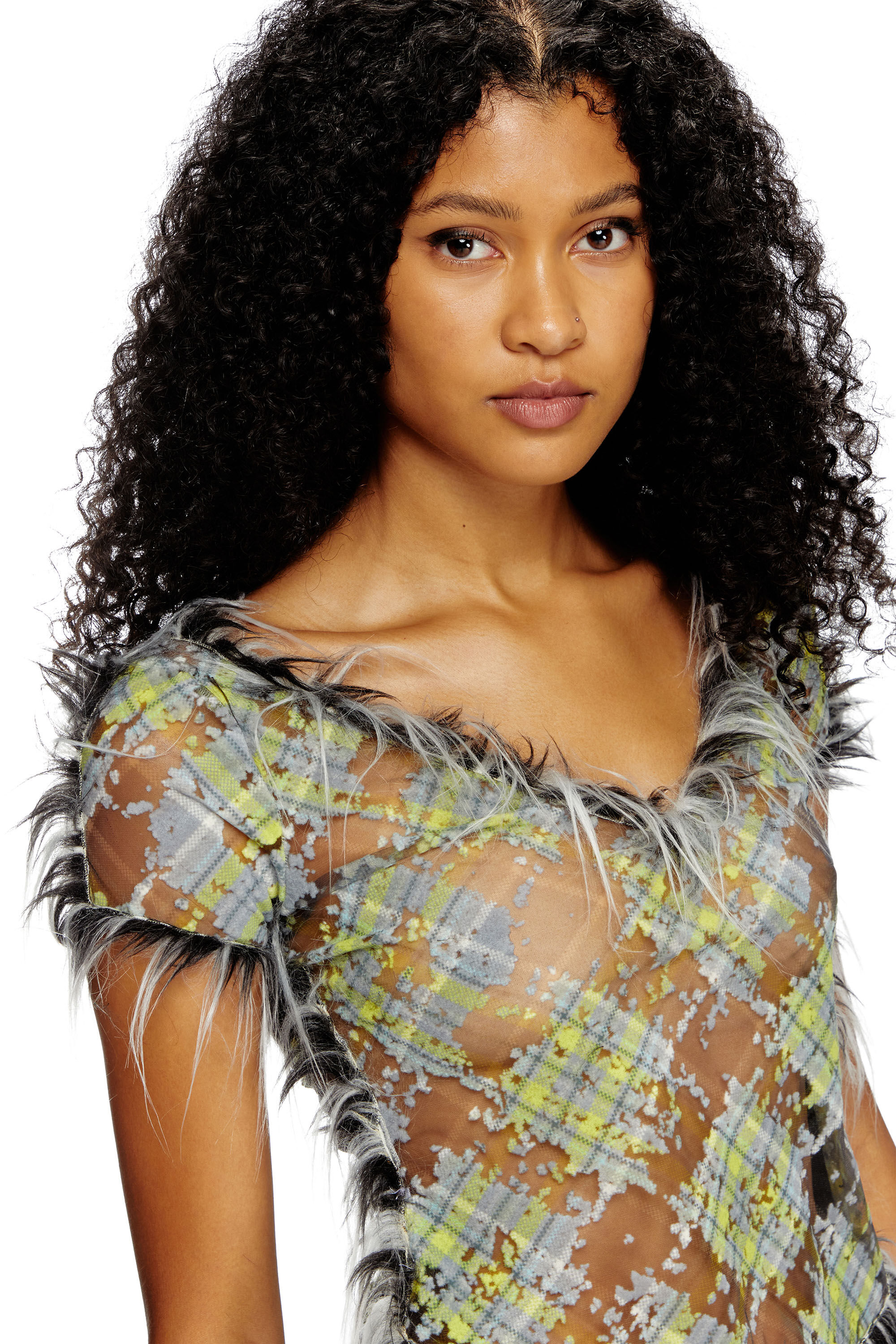 Women's Cropped top in fuzzy devoré check tulle | Multicolor
