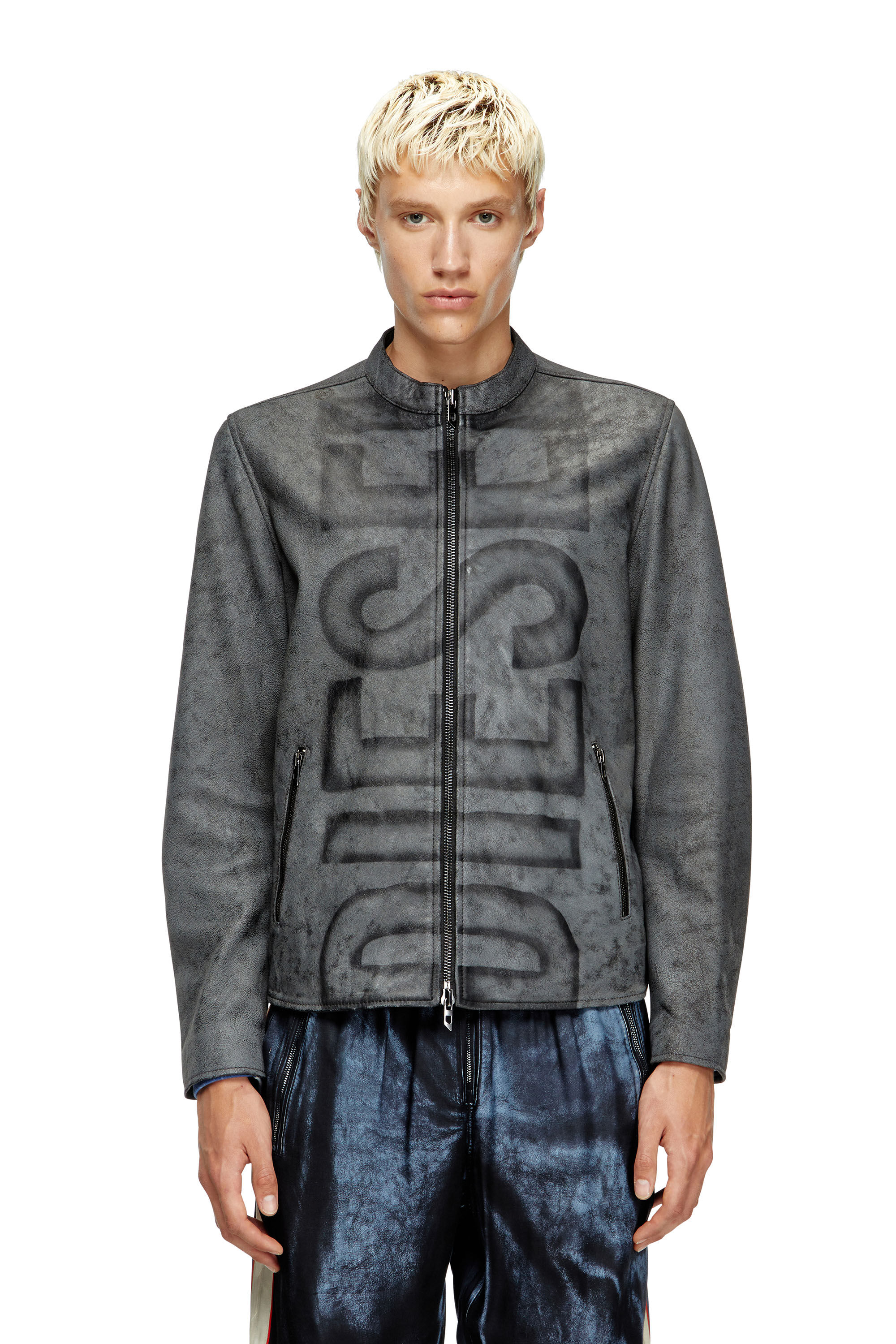 Diesel - L-EVERT-A, Male's Treated leather biker jacket with faded logo in Grey - 3