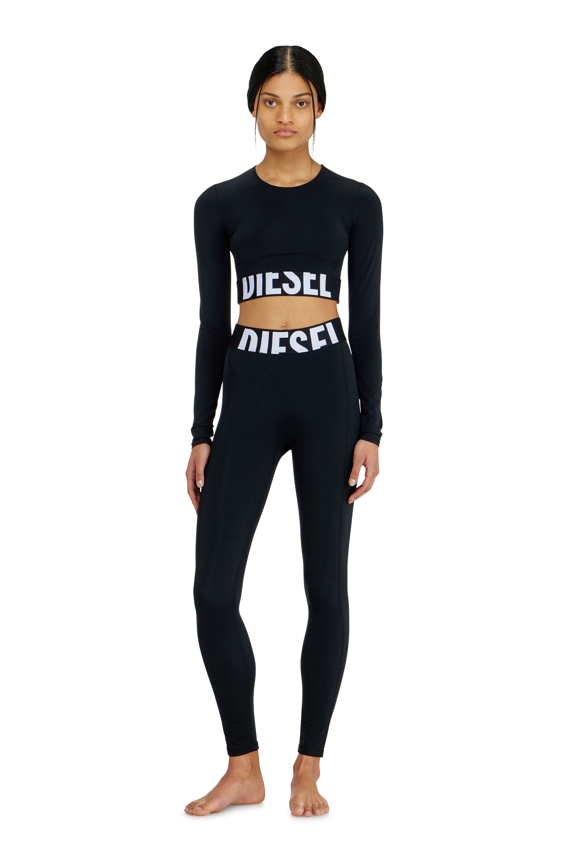 Women's Microfibre leggings with cut-off logo | Black | Diesel
