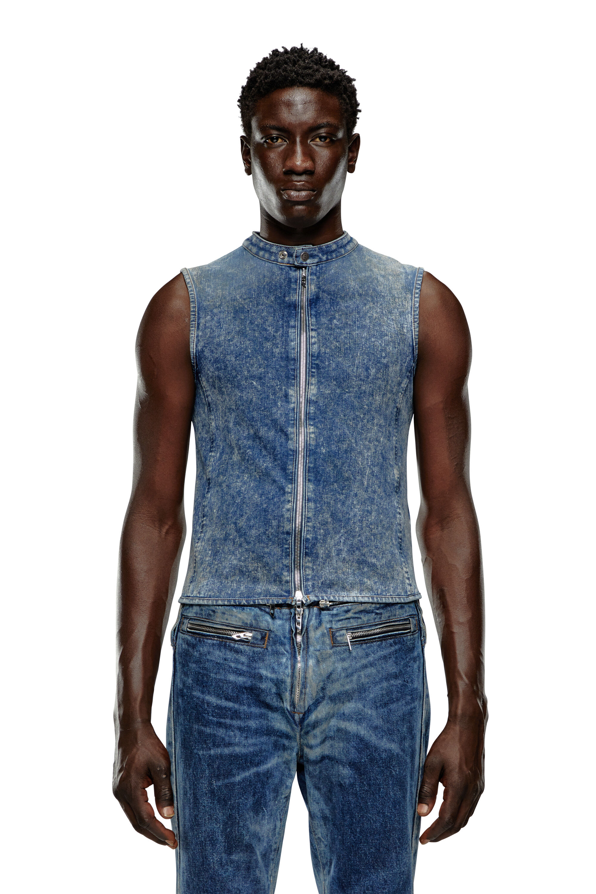 Diesel - D-NATA-FSE, Top en denim sans manches avec détails biker Homme in Bleu - 6