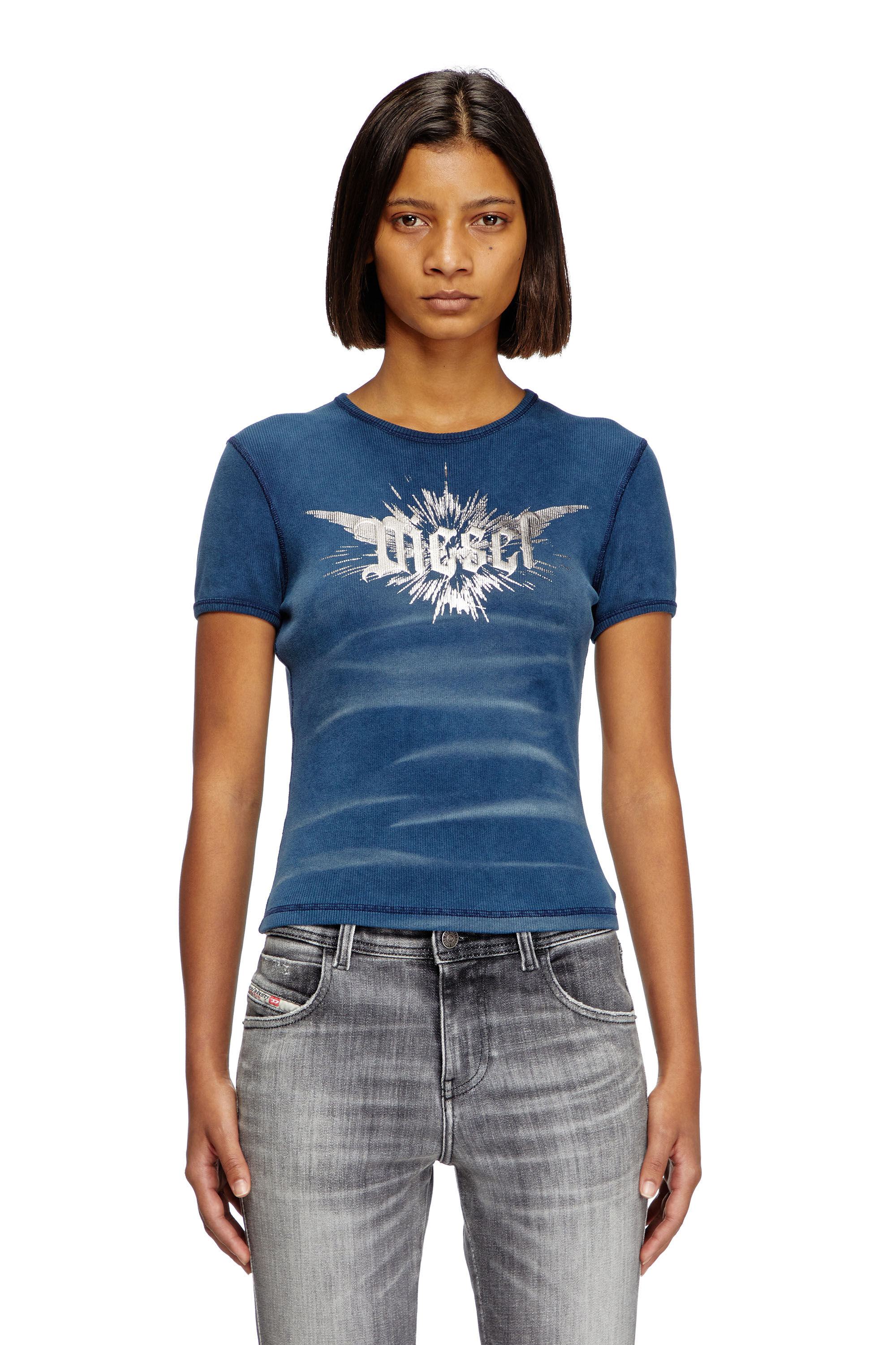 Women's T-shirt with winged Diesel foil print | Blue | Diesel Women's T-shirt with winged Diesel foil print | Blue | Diesel