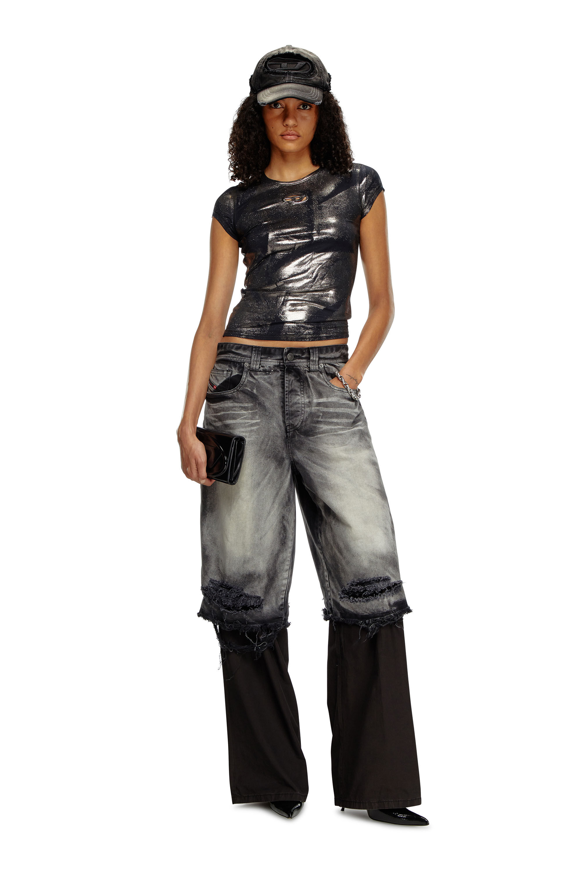 Diesel - T-ANGIE-P1, Female's Foiled T-shirt with cut-out logo in Black - 1