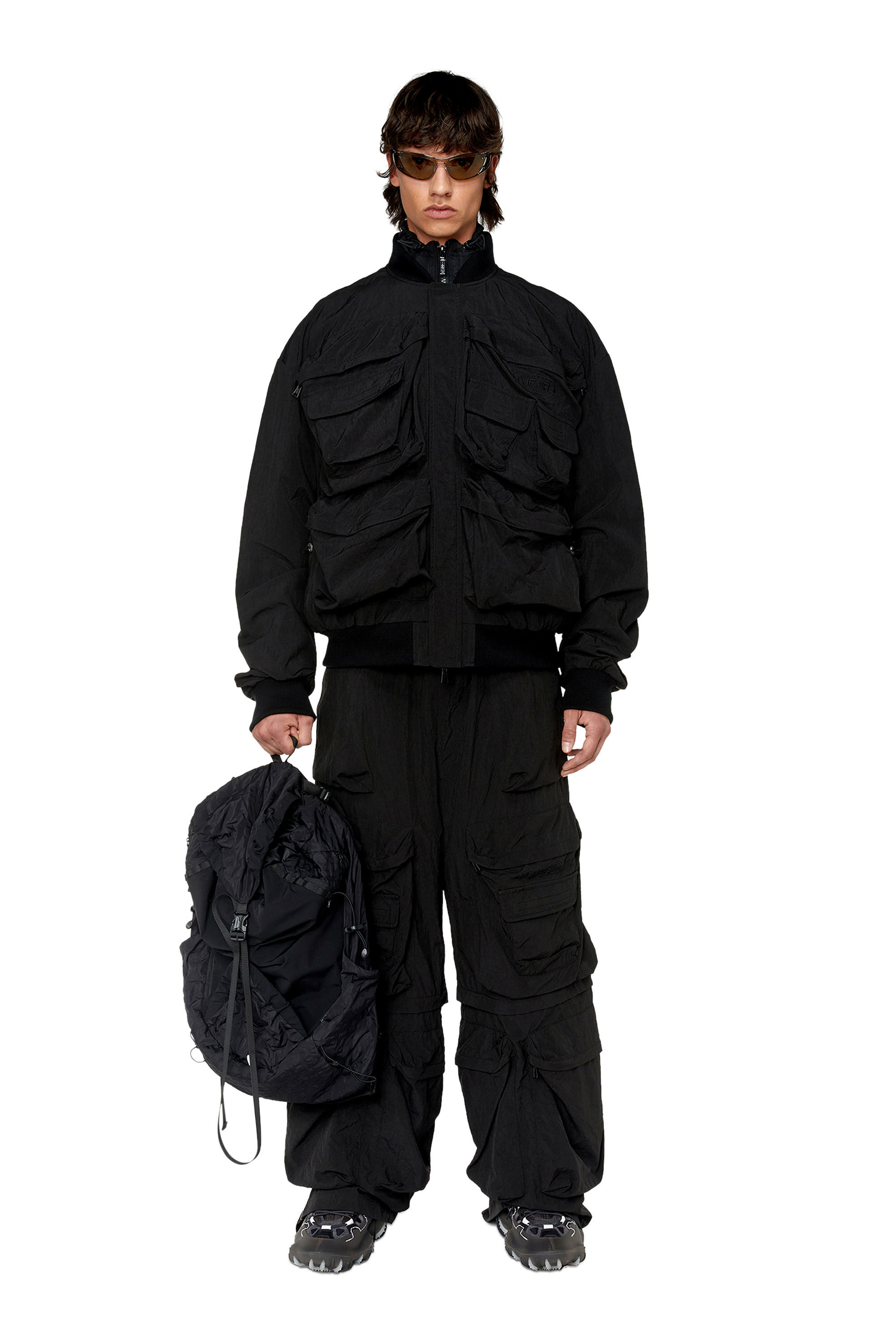 Diesel - P-STAIND, Male's Cargo pants in wrinkled nylon canvas in Black - 1