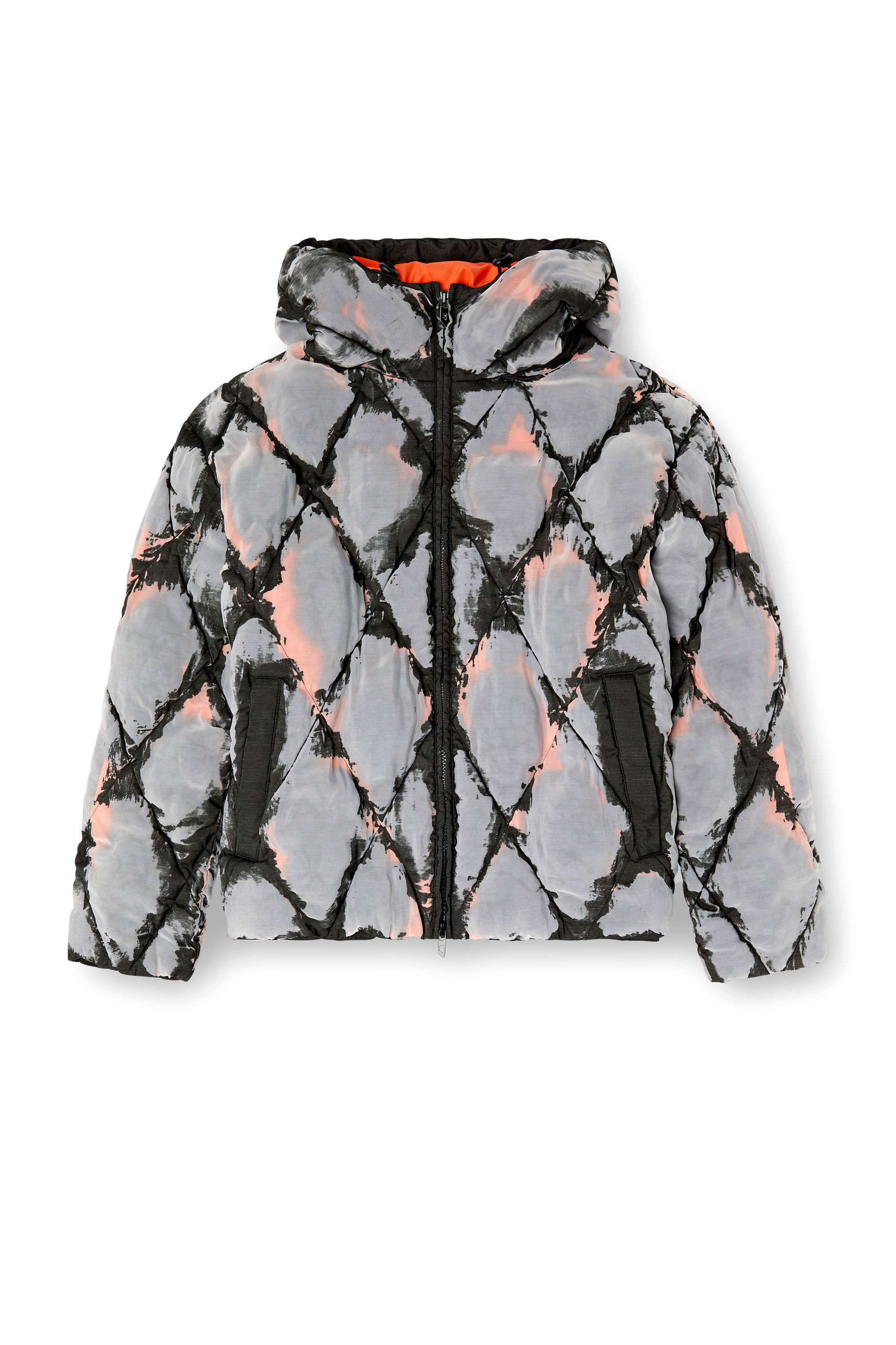 Diesel - W-DOM, Male's Hooded devoré argyle puffer jacket in Black/Orange - 2