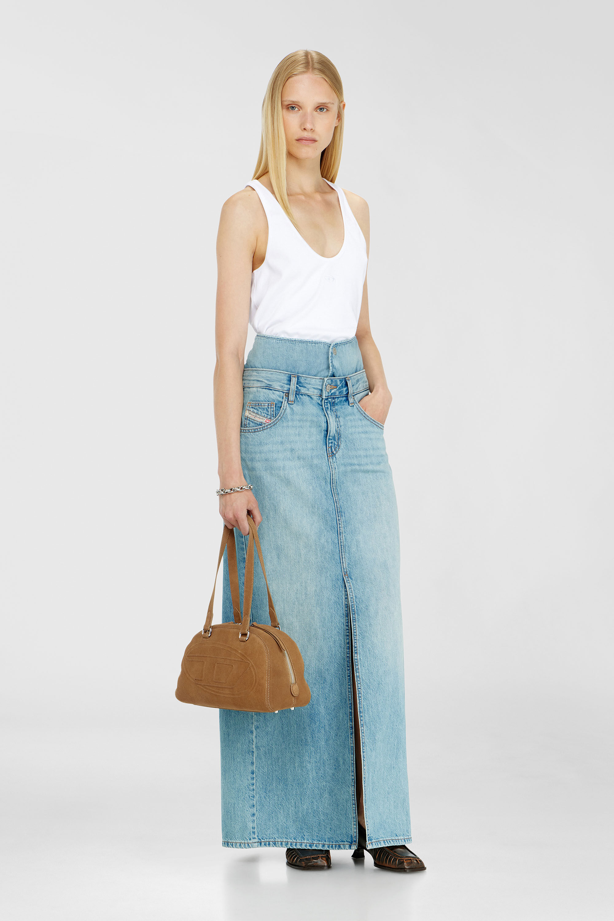 Diesel - DE-SPIVEY, Female's Jean-illusion denim maxi skirt with slits in Light Blue - 1