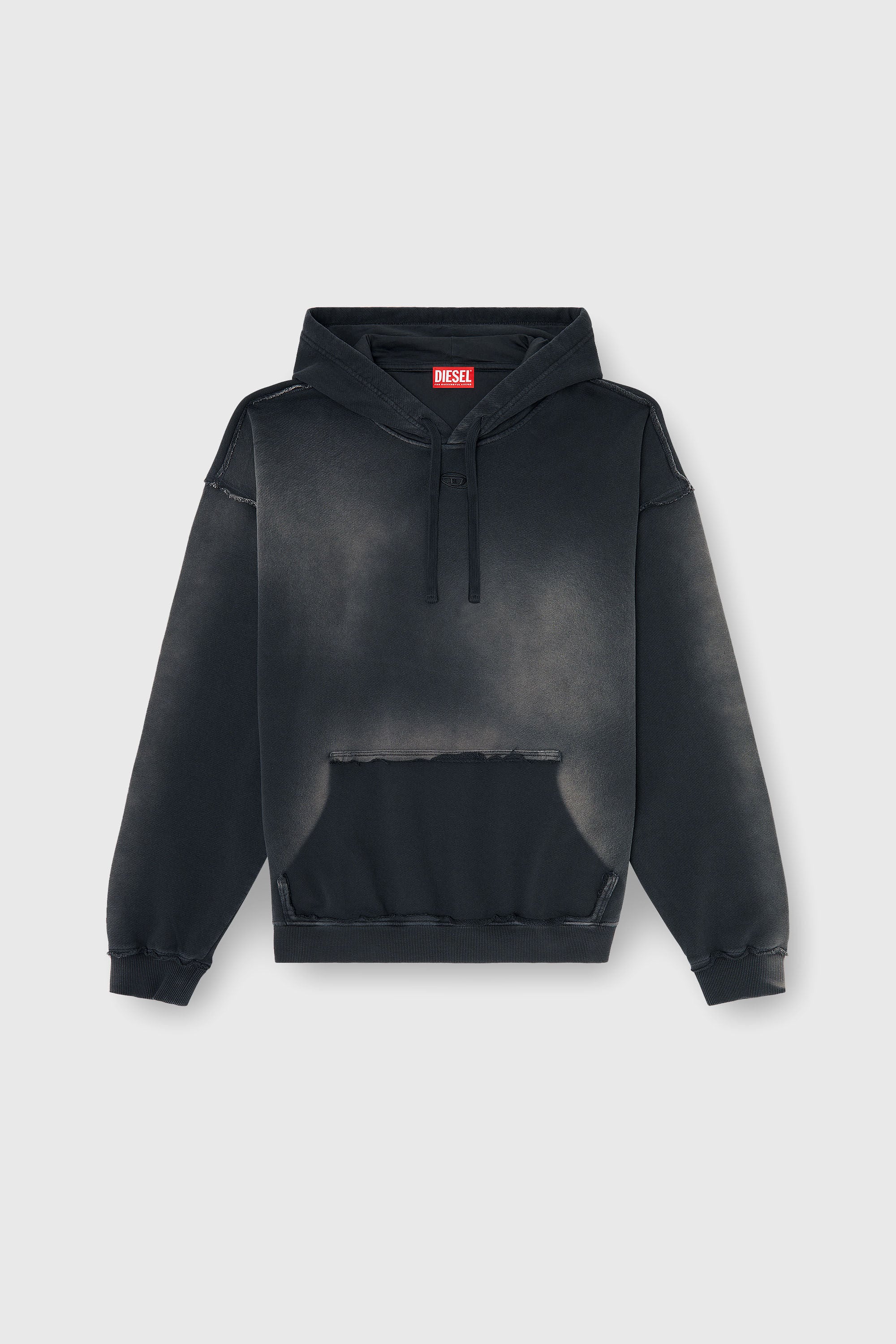 Diesel - S-POCK-HOOD, Male's Faded cotton hoodie with frayed details in Black/Grey - 2