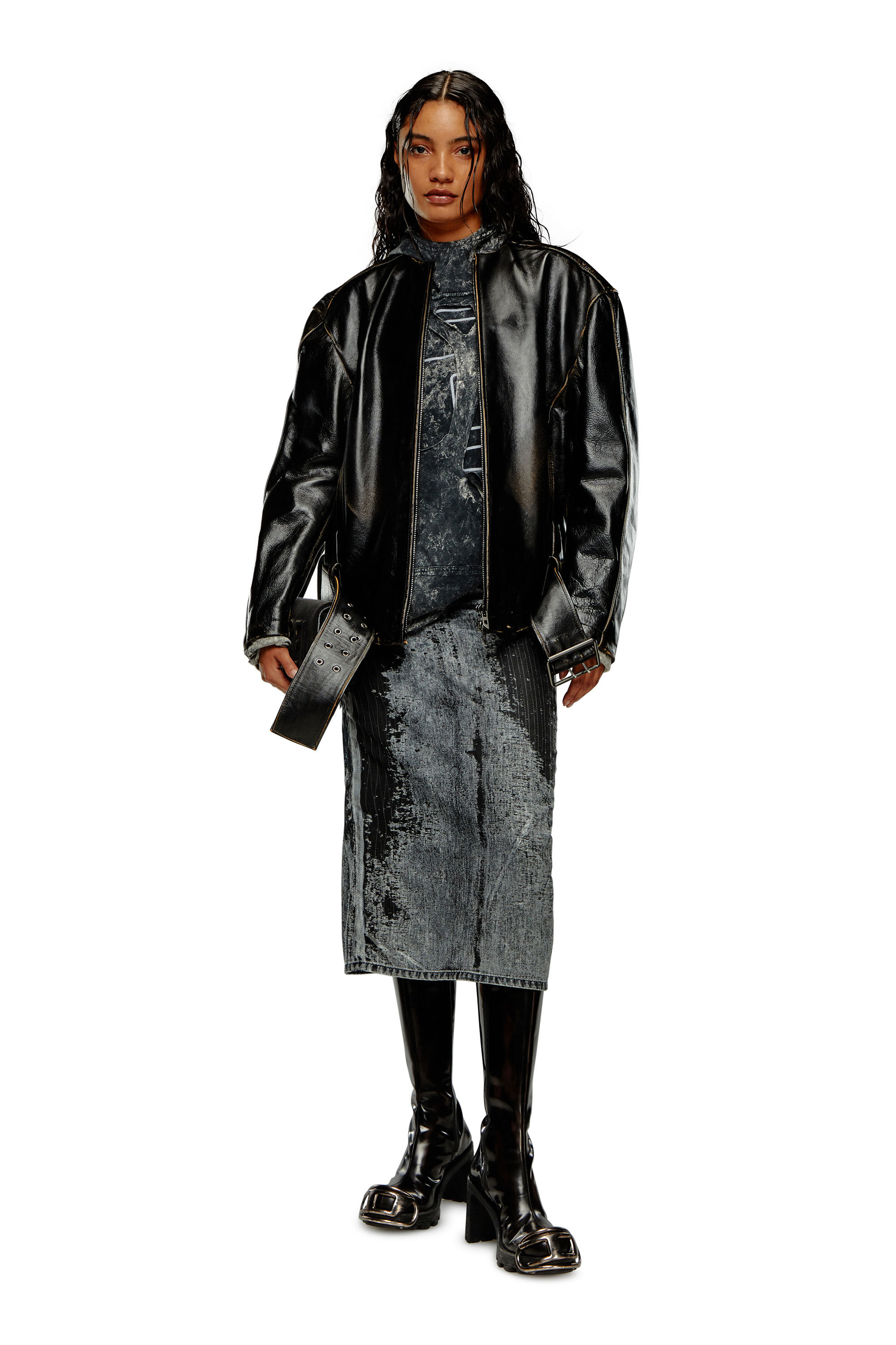 Diesel - L-MARGY, Veste biker oversize en cuir brossé Femme in Noir - 1