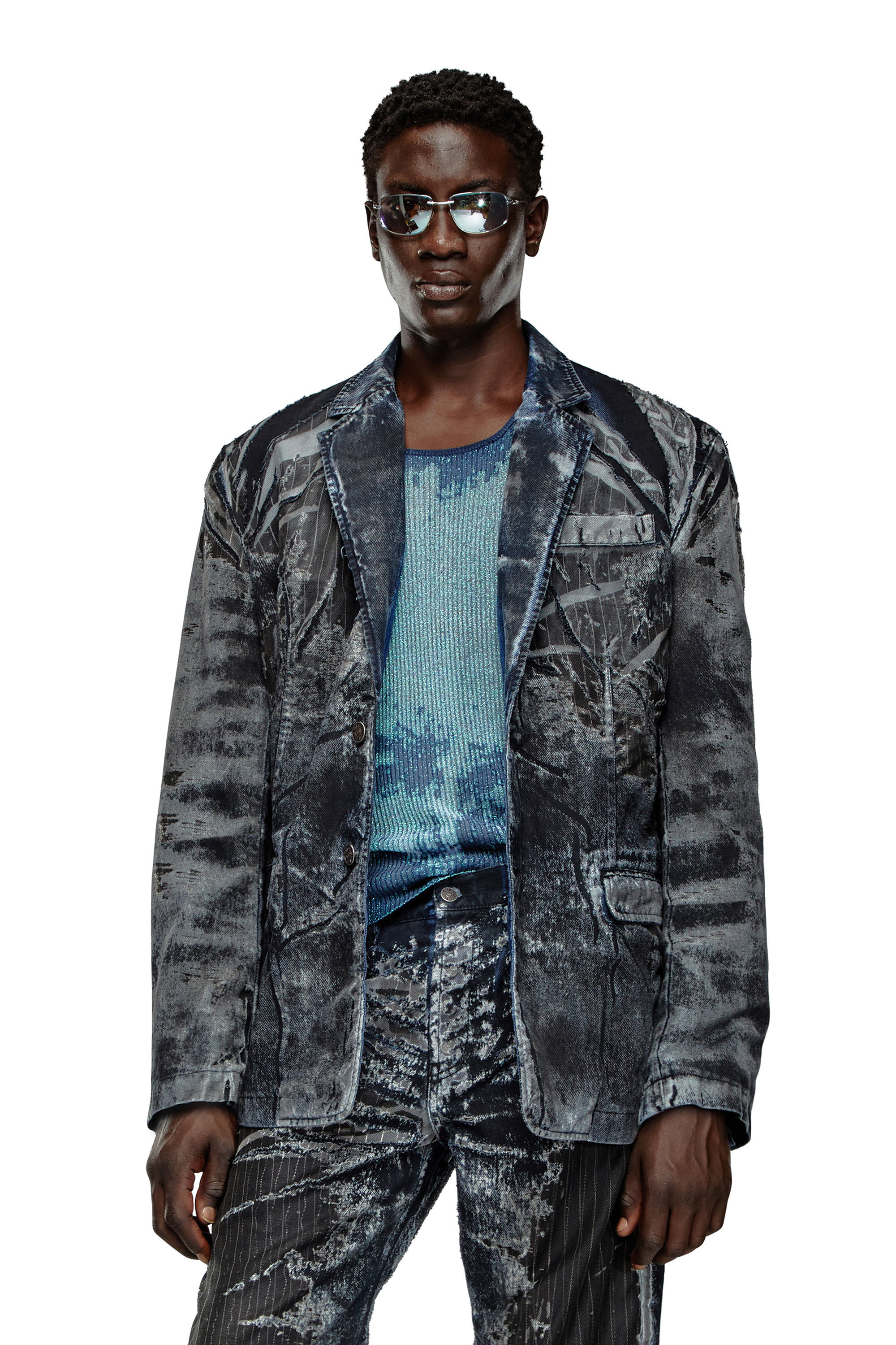 Diesel - D-BLA-DEV-FSE, Blazer en denim dévoré à fines rayures Mixte in Polychrome - 3