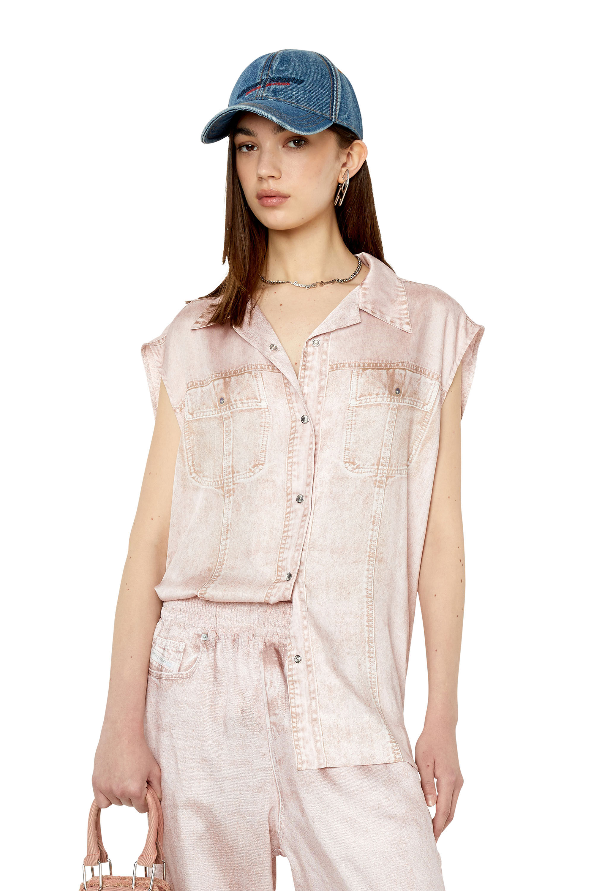 Diesel - C-MOHJA, Female's Sleeveless shirt with trompe l'oeil print in Pink - 3
